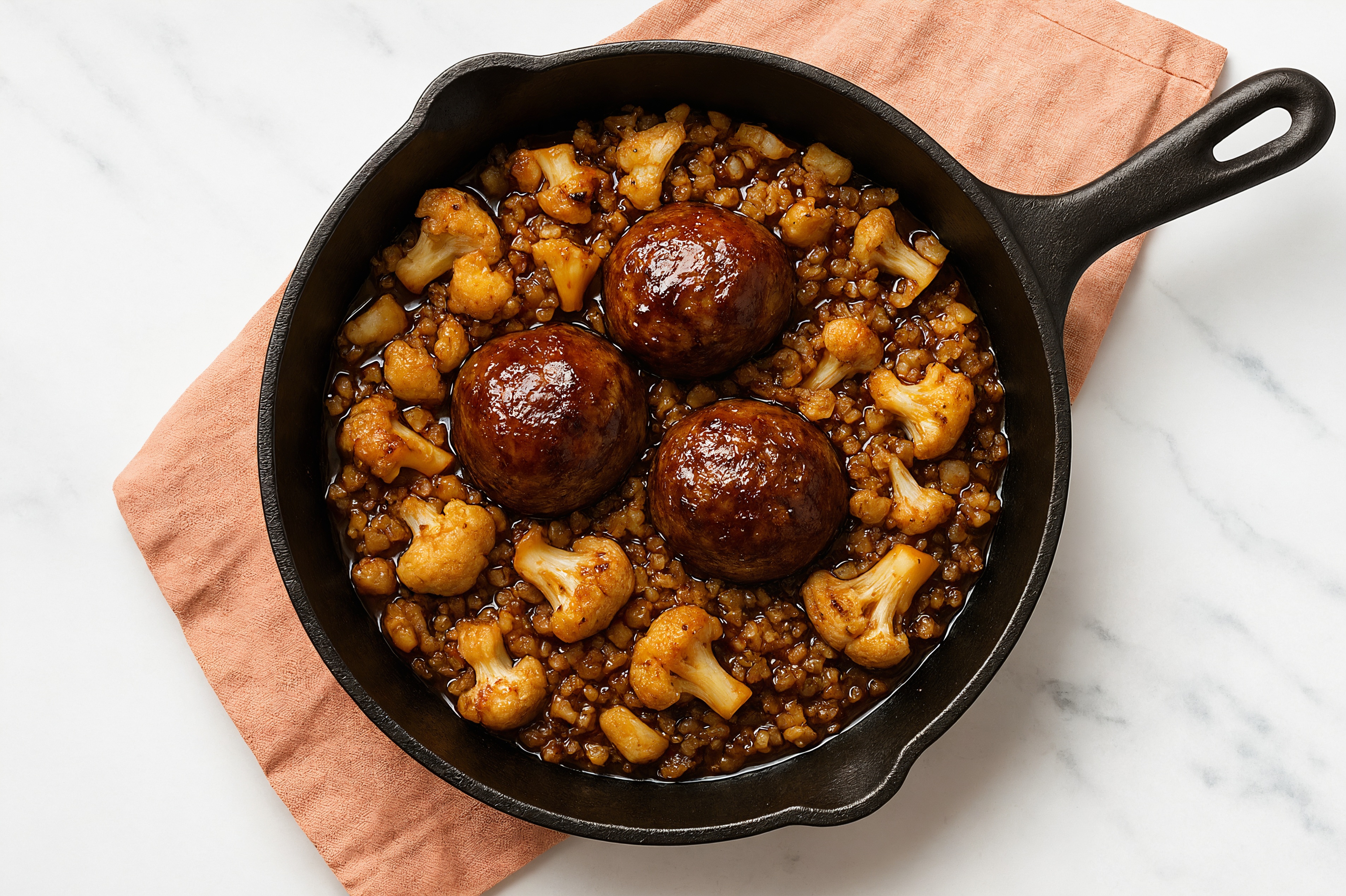 Japanese BBQ Meatball Stir-Fry with Cauliflower over Riced Cauliflower