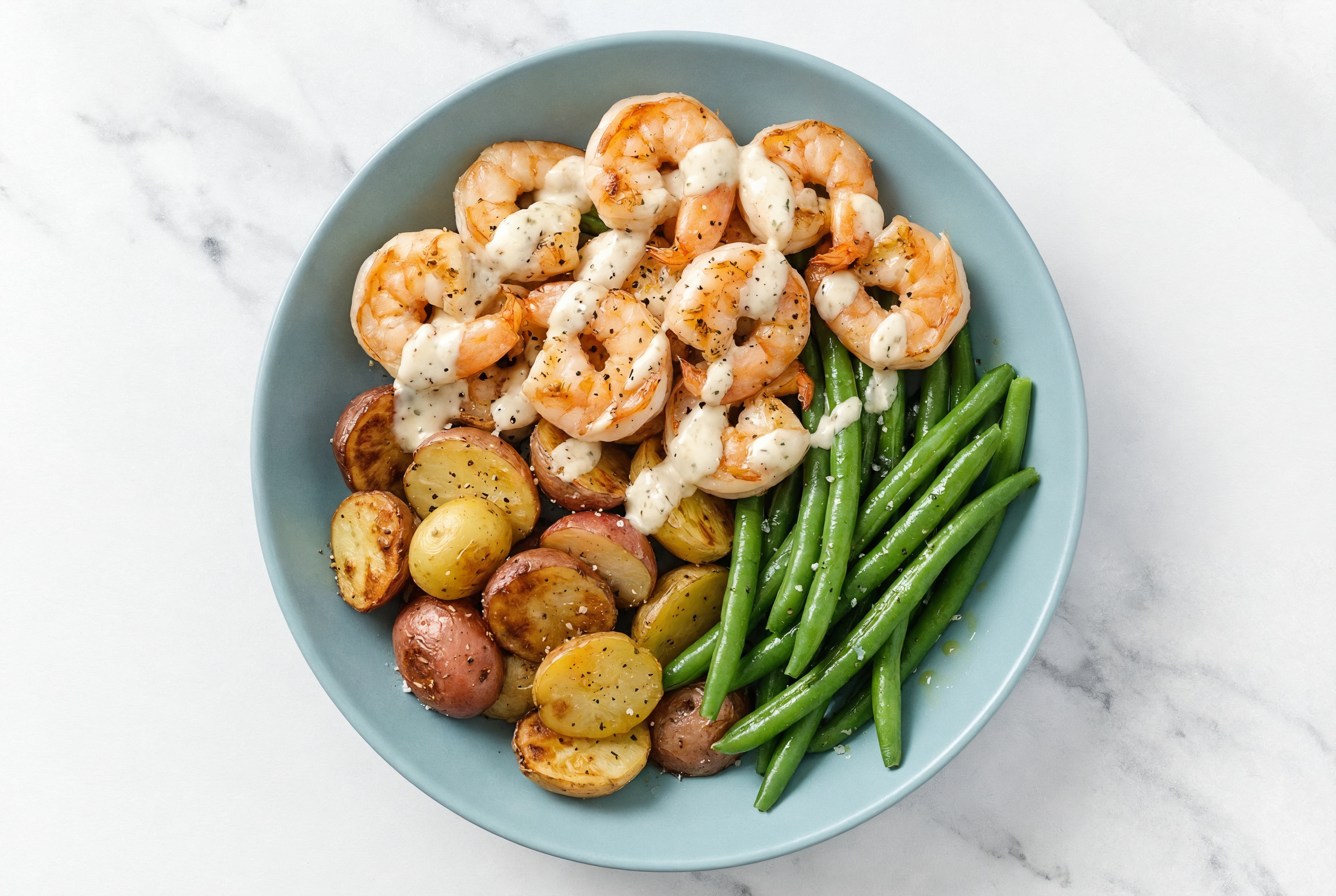 Creamy Garlic Jumbo Shrimp Potato Bowl