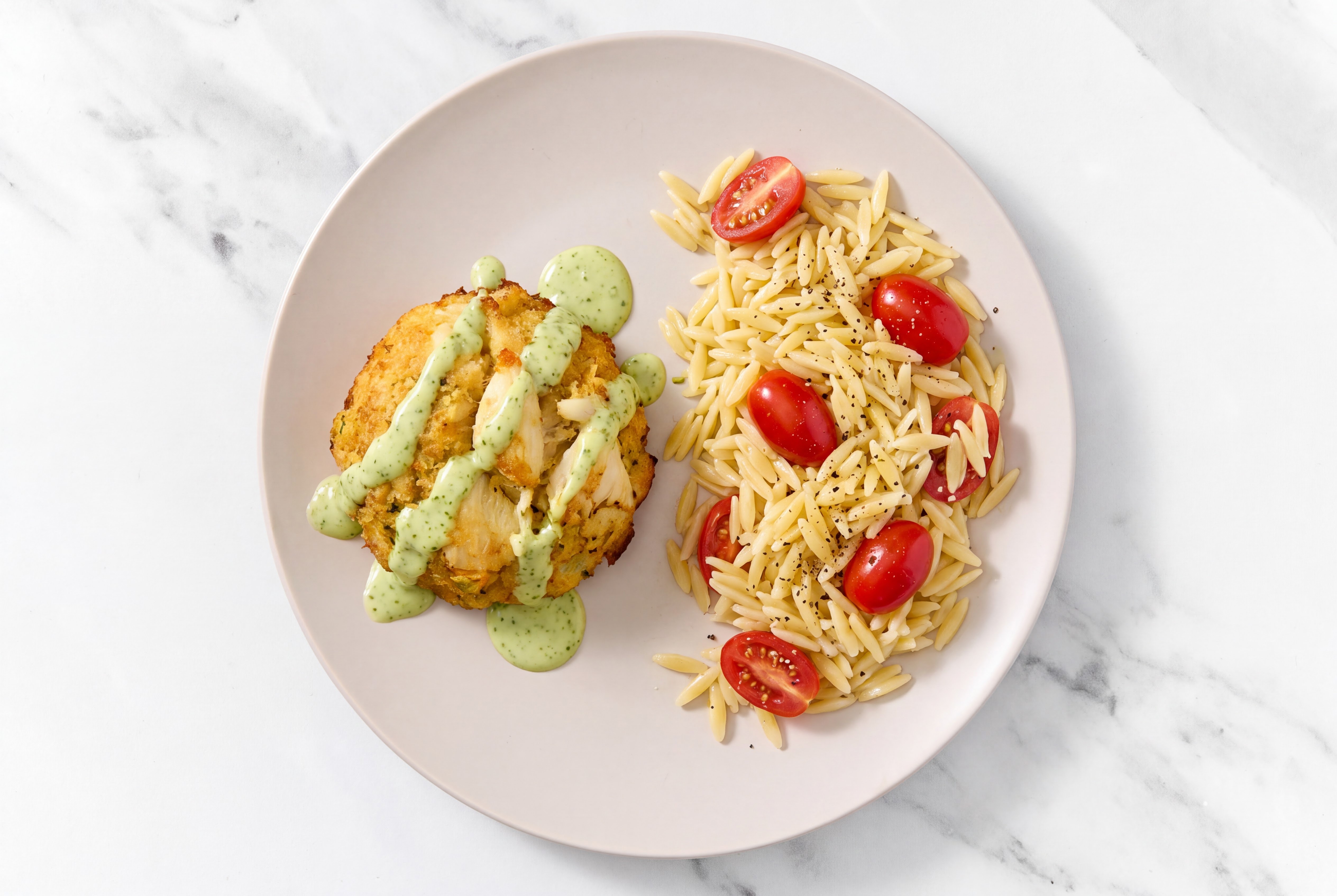 Balanced Basil Bruschetta Orzo with Lump Crab Cakes