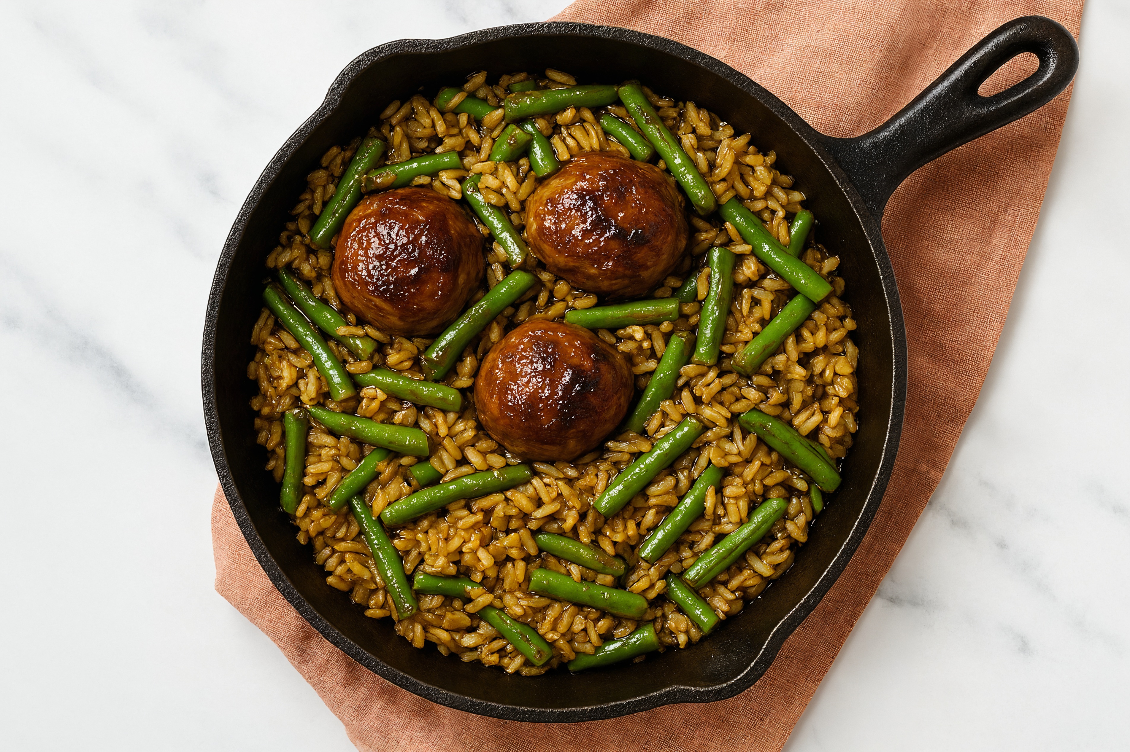 Teriyaki Meatball Stir-Fry with Green Beans over Jasmine Rice