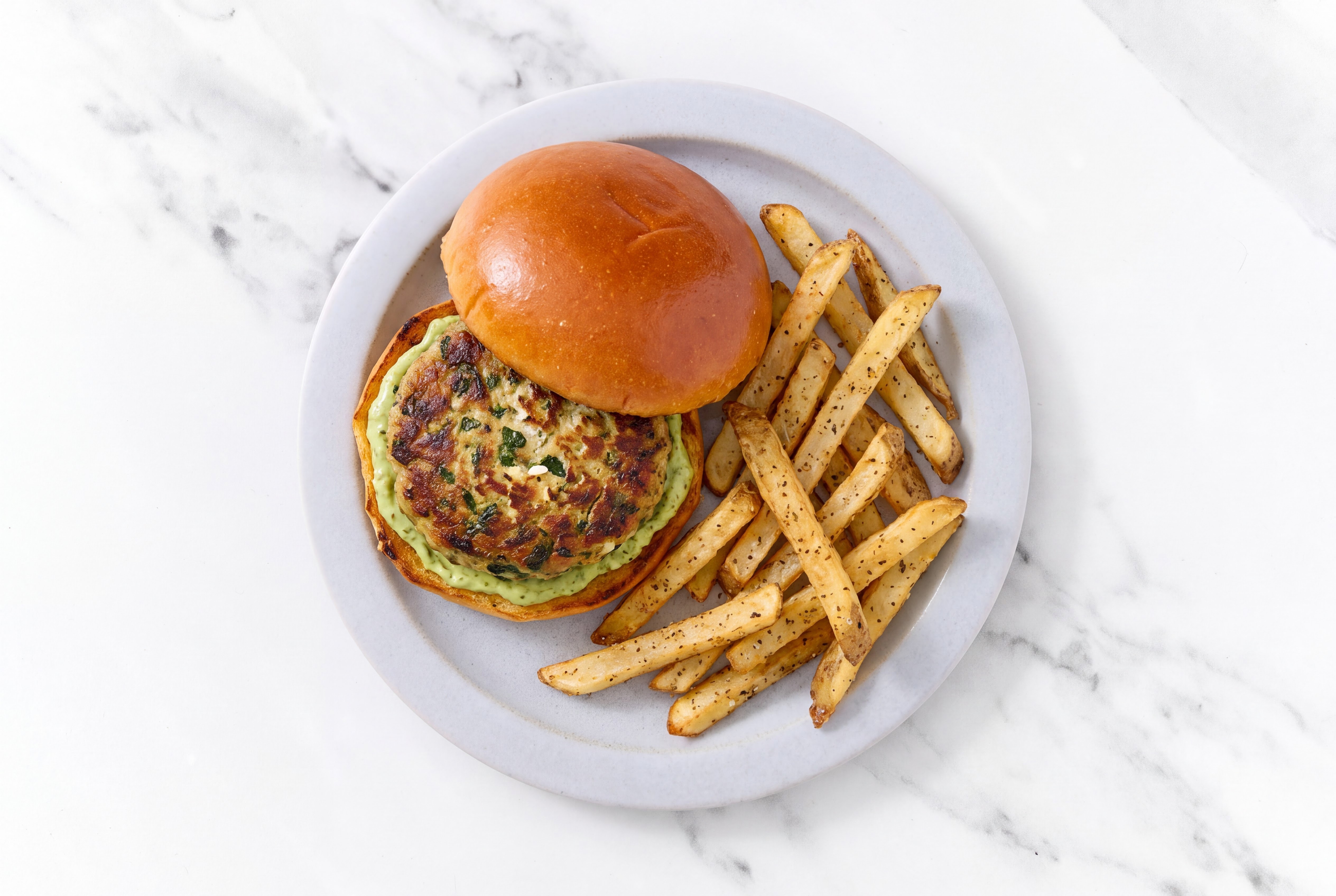 Creamy Basil Feta Turkey Burger + Pizza Fries