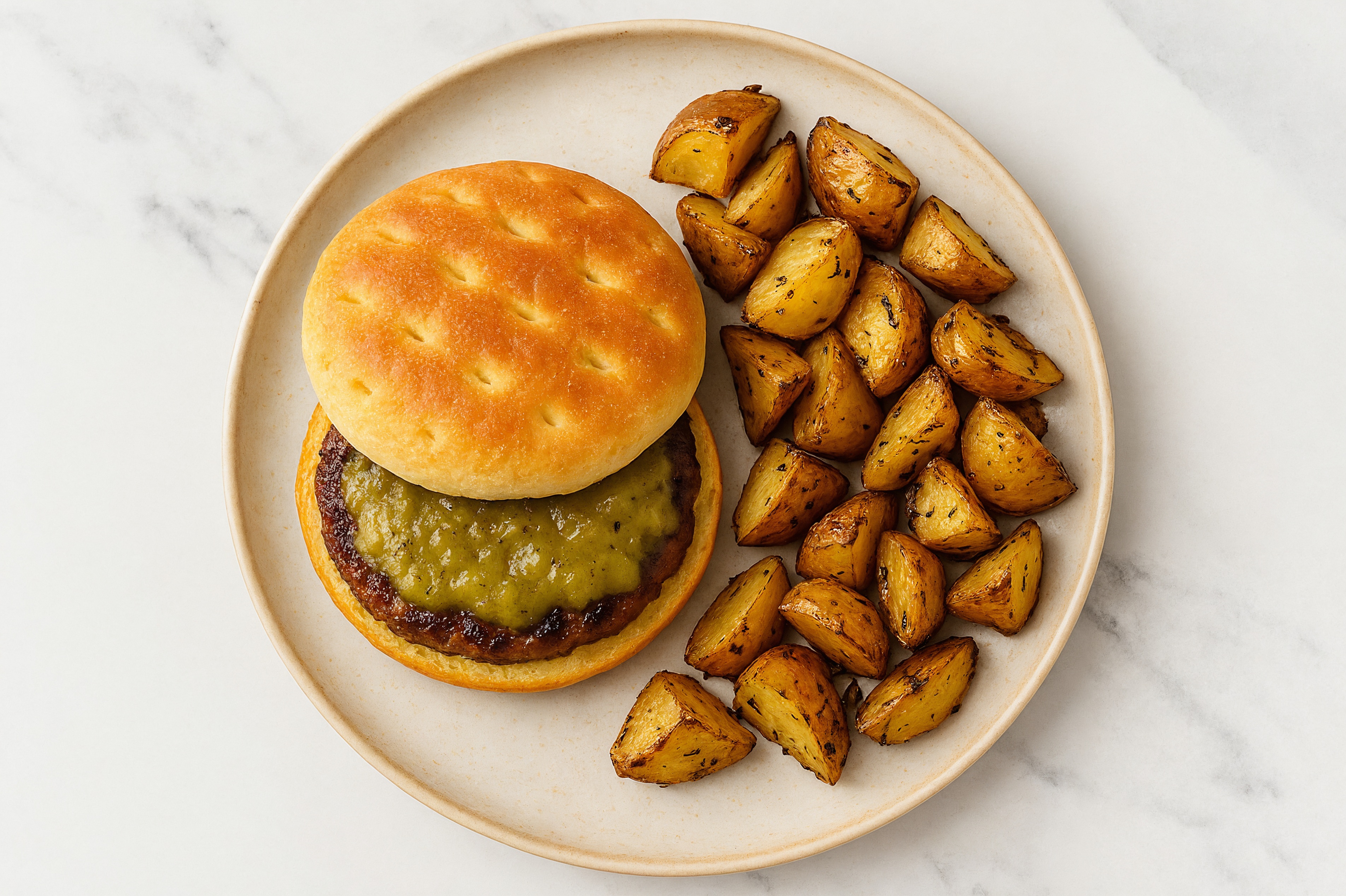 Herby Green Chile Ground Beef Patties Burger + Rosemary Potatoes