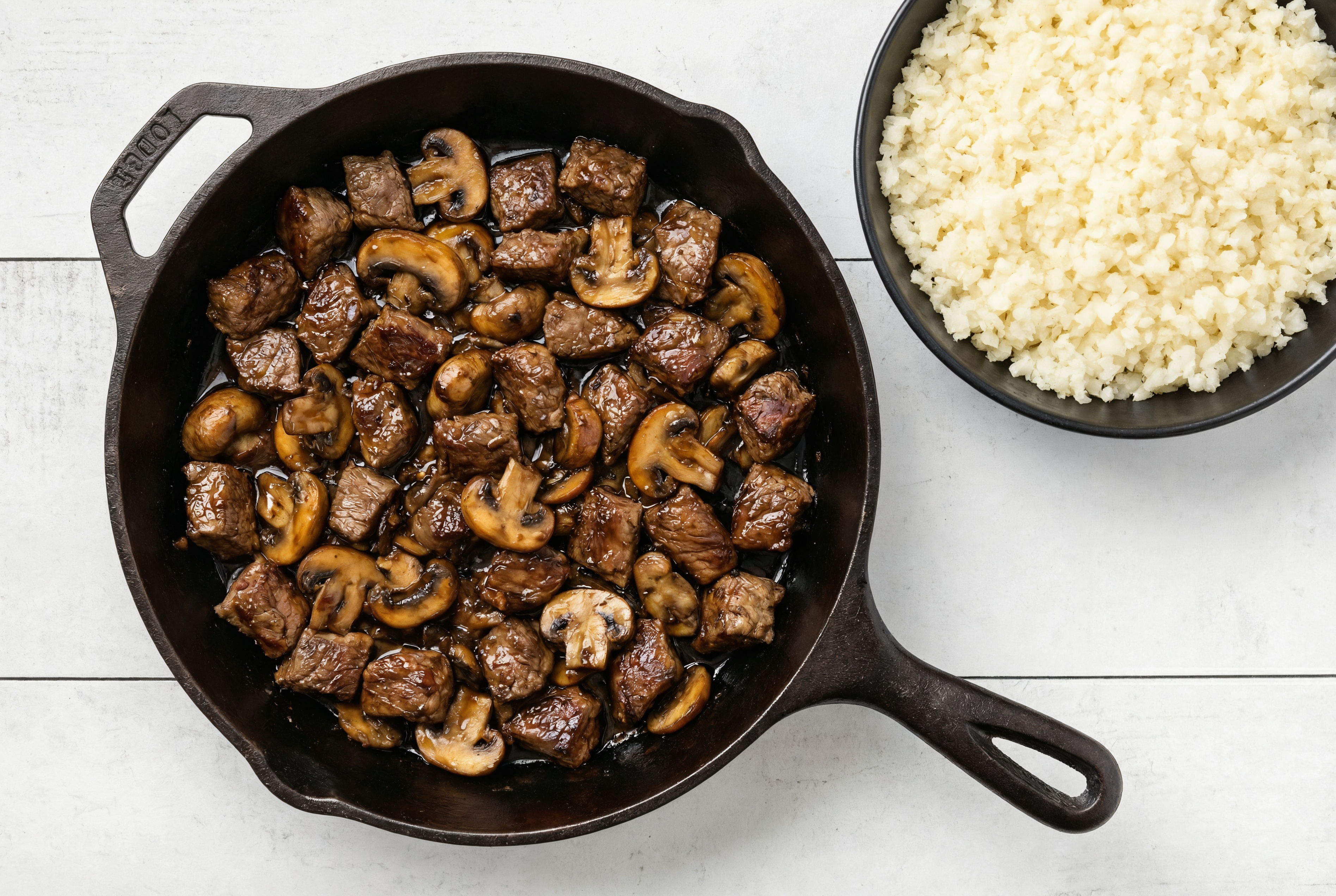 Japanese BBQ Beef Stir-Fry with Mushrooms over Riced Cauliflower