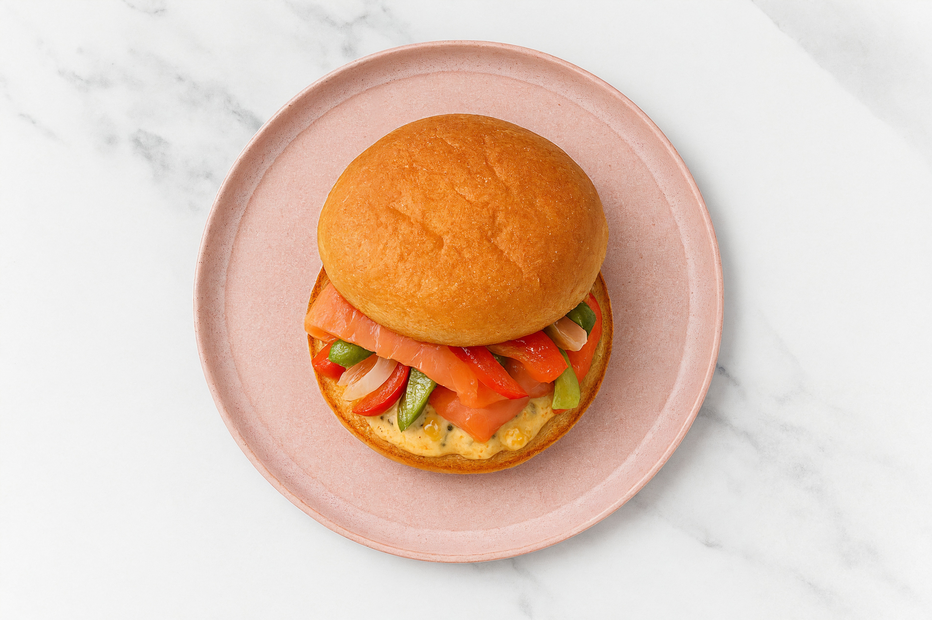 Street Corn Smoked Salmon Sandwich with Peppers + Onion on Gluten-Free Buns