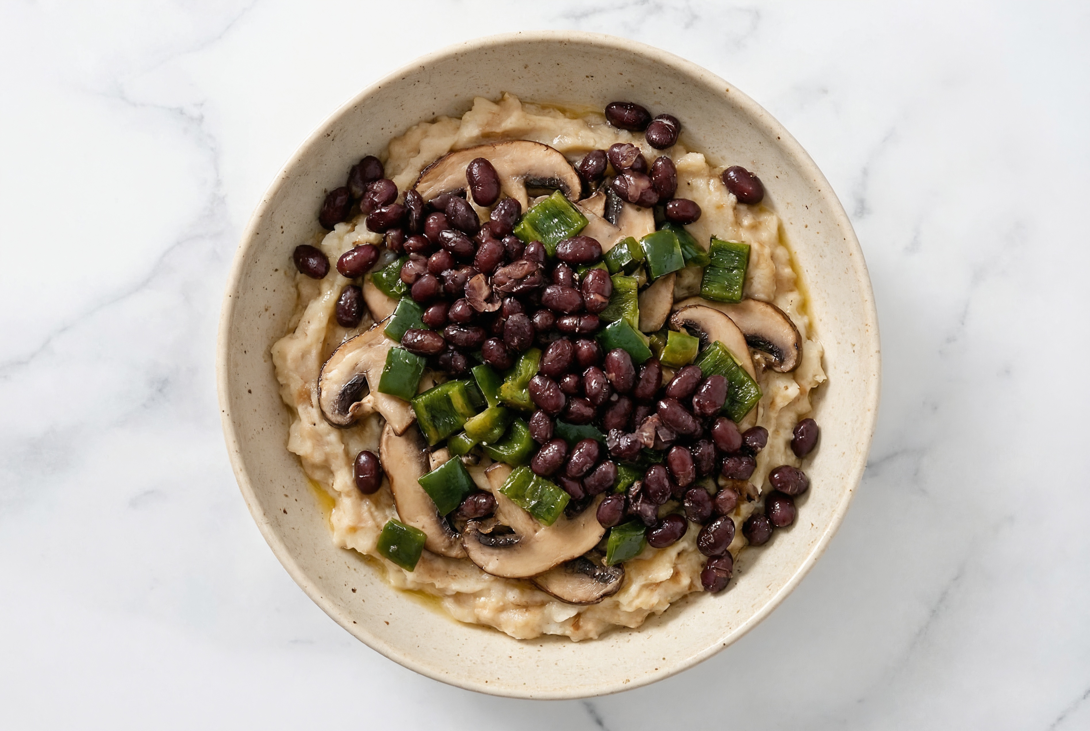 Vegan Mashed Potato Plate with Sautéed Poblano, Mushroom + Black Bean