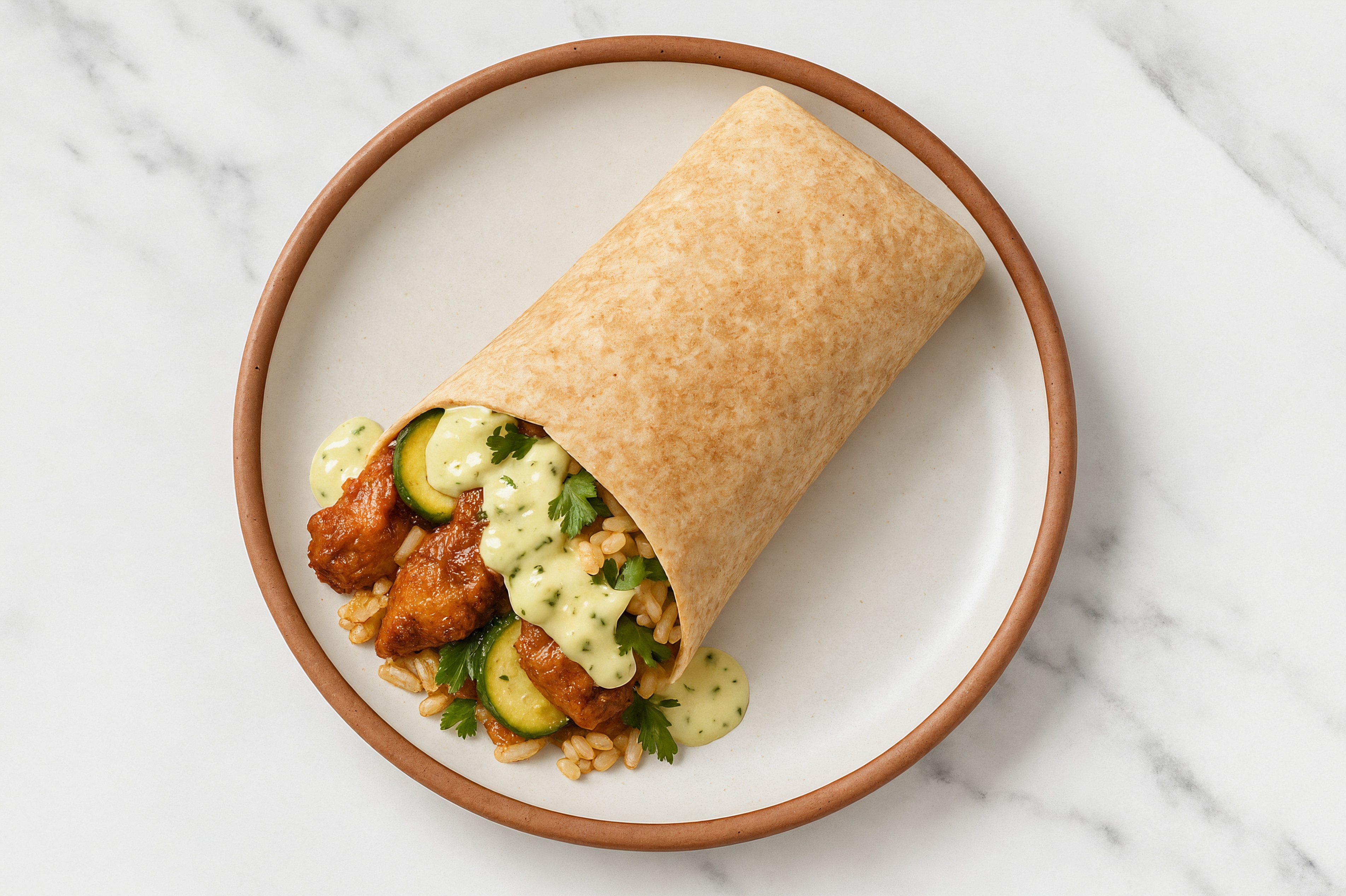 Big Mediterranean Wrap with Tandoori, Jalapeño Sauce, Brown Rice + Zucchini