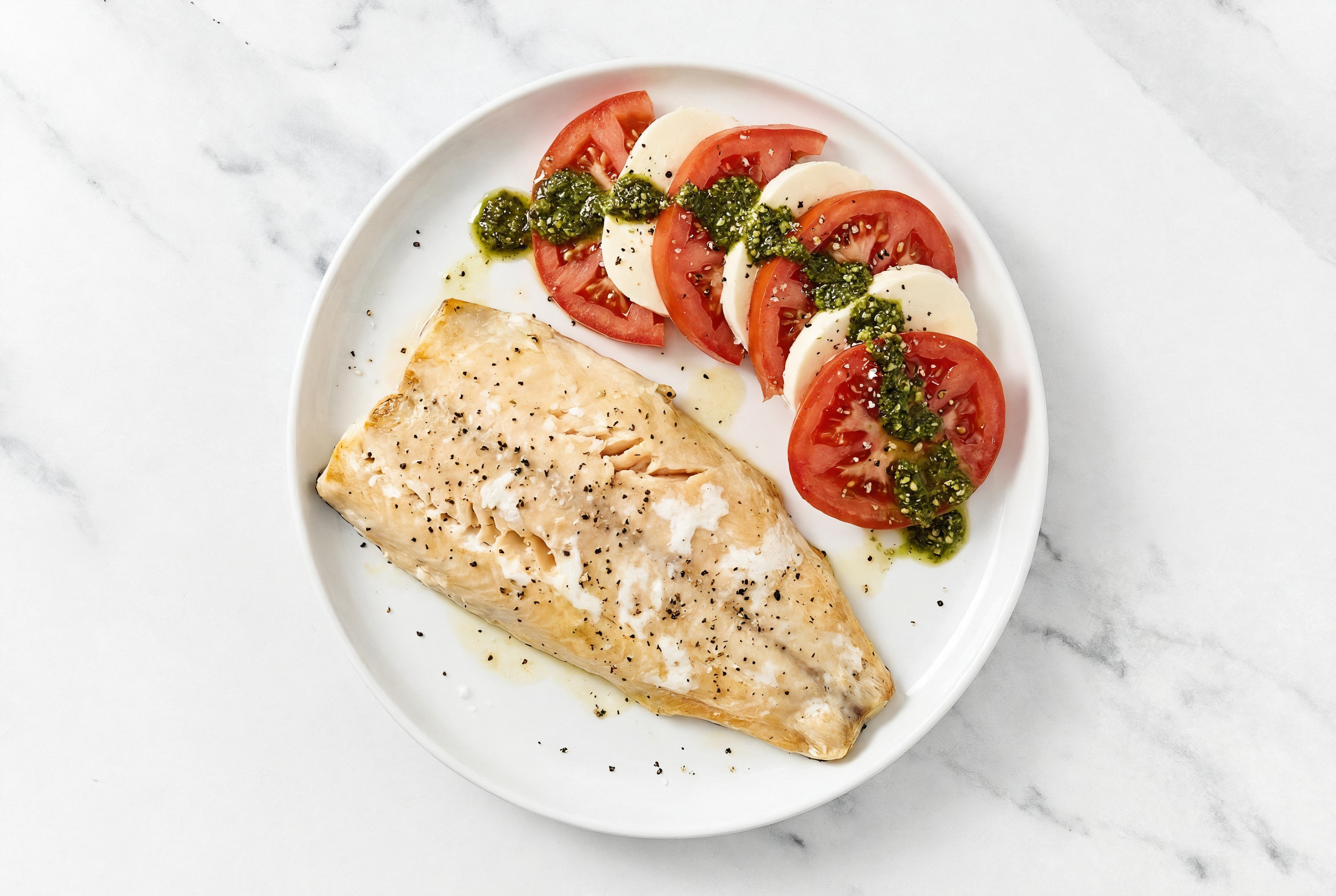 Seared Trout + Simple Caprese Salad with Mozzarella Bar