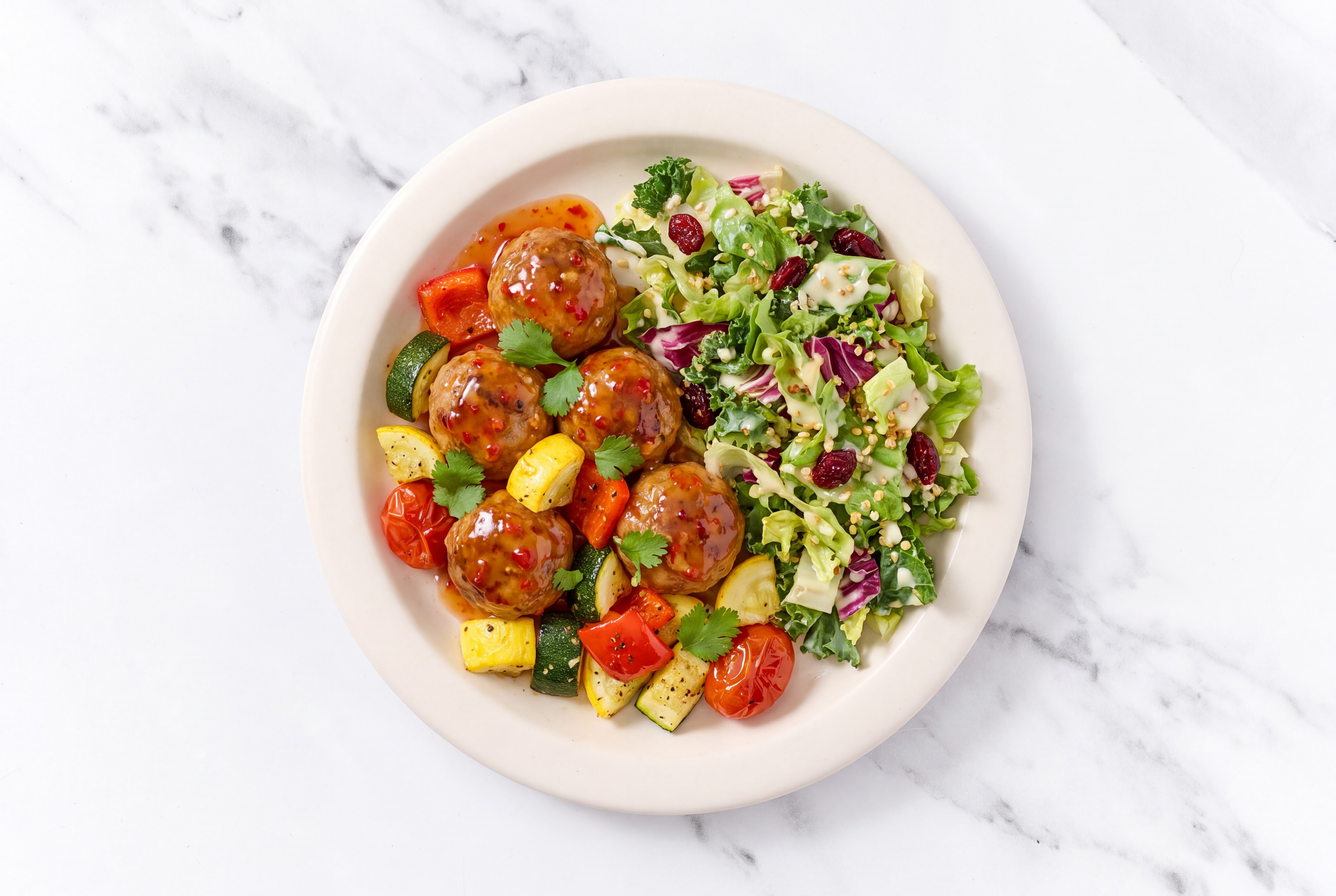 Sweet Chili Baked 93/7 Lean Ground Beef Meatballs & Squash with Honey Citrus Salad