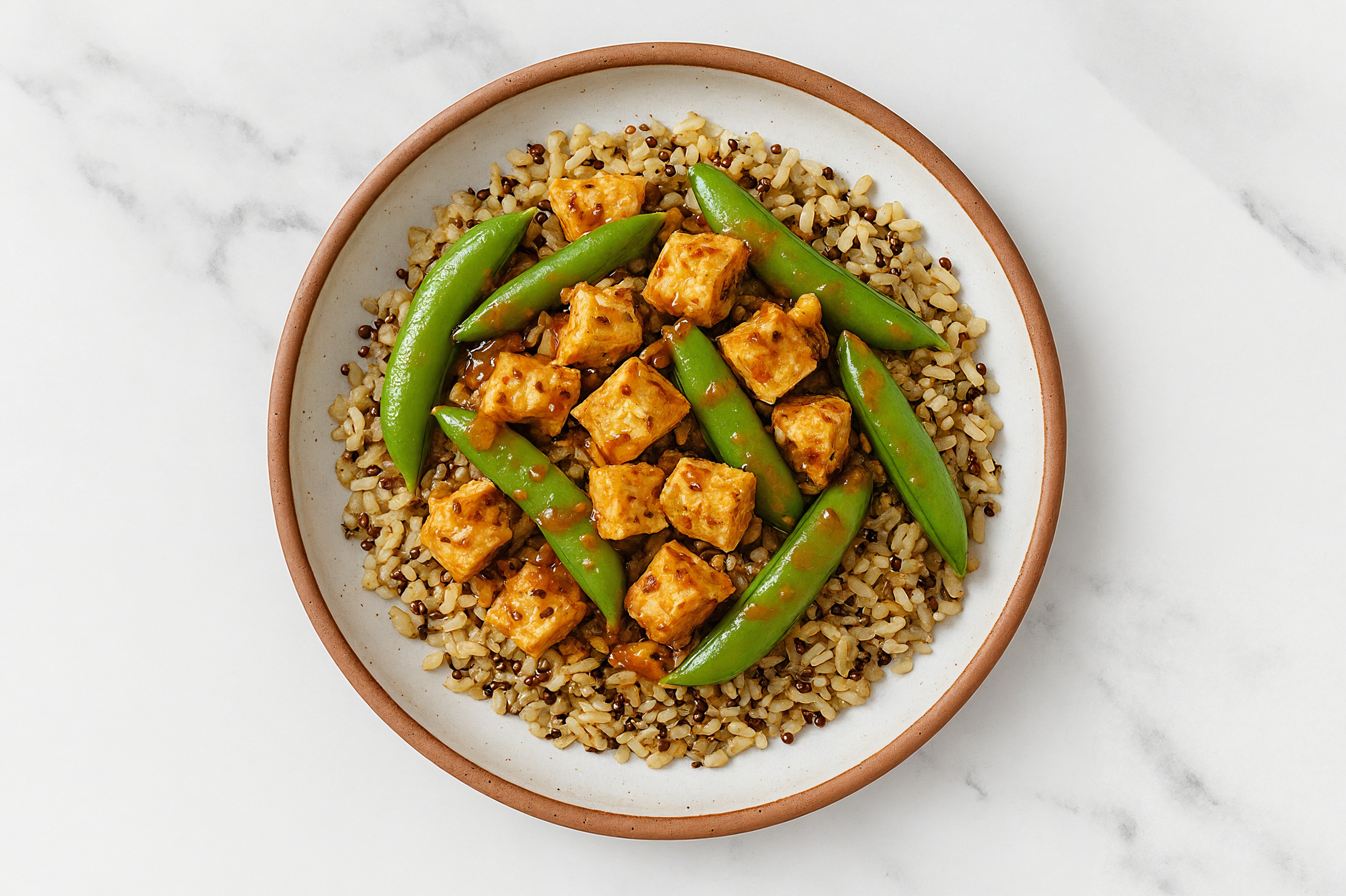 Gingery Spiced Tofu + Pea Snaps Rice Bowl