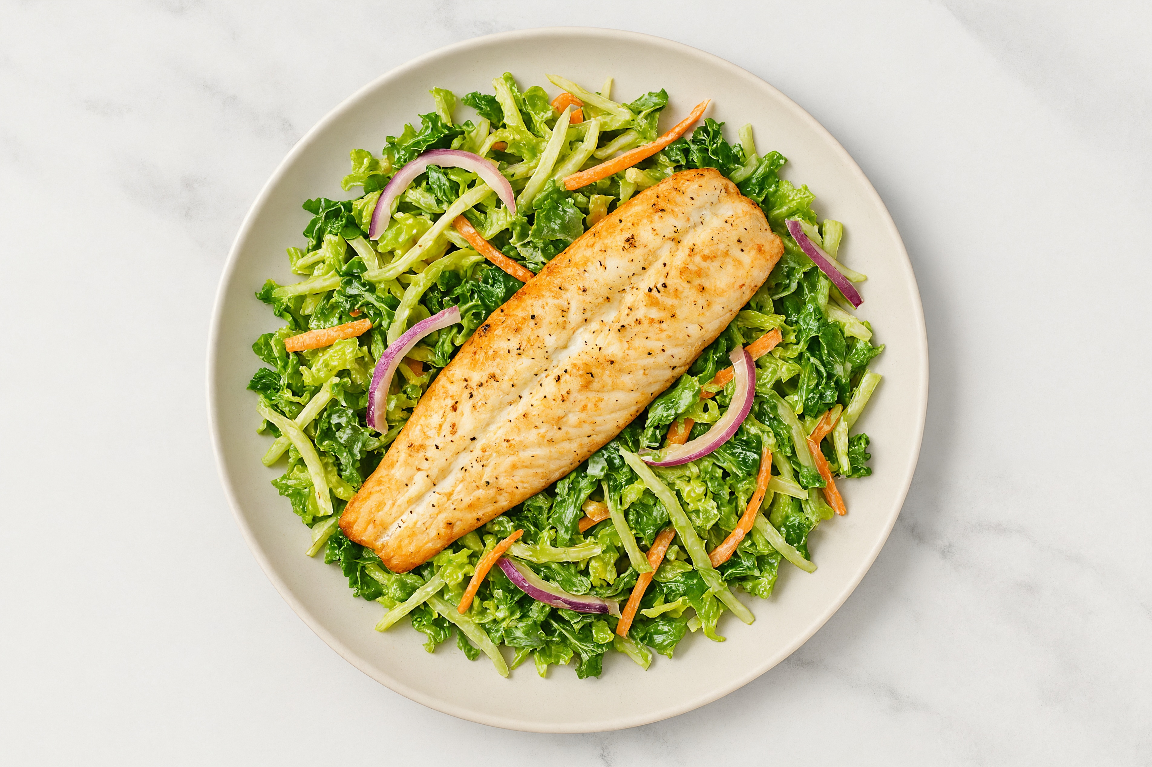 Superblend Salad with Trout, Onion & Green Goddess Dressing
