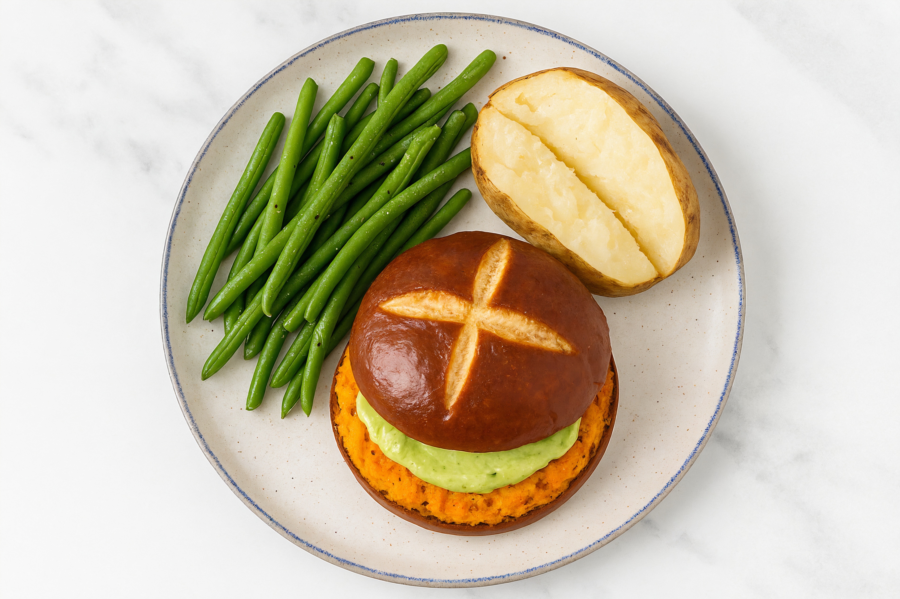 Pesto Sweet Potato Burger on Pretzel Bun with Green Beans