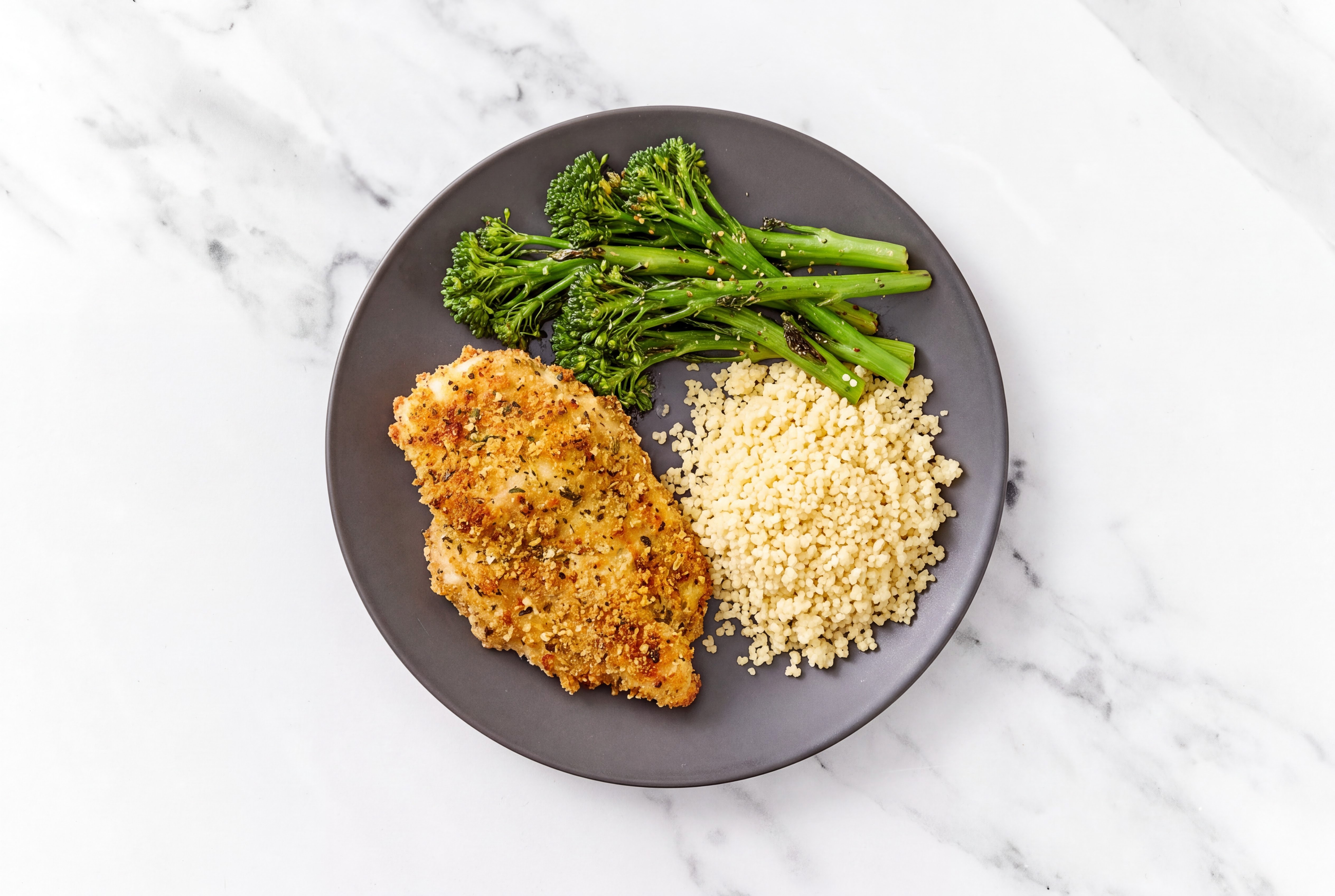 Parmesan Breaded Chicken Cutlet with Baby Broccoli & Couscous