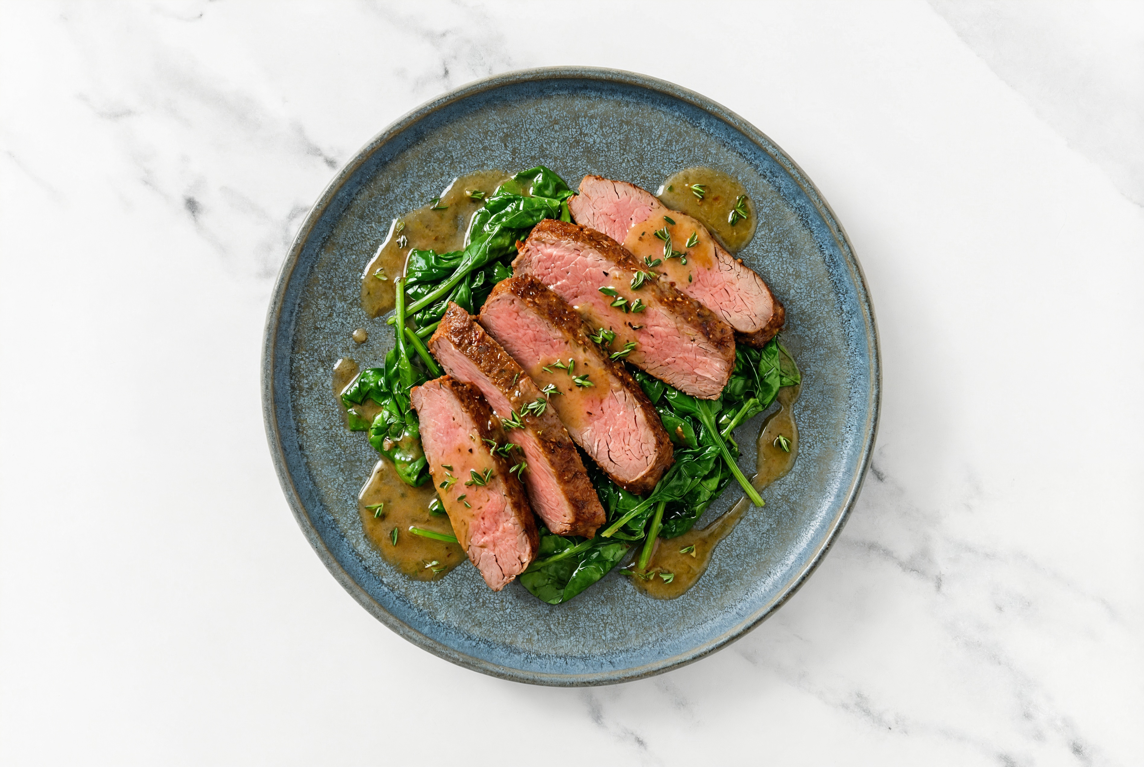 Buttery Slow Churned Lemon & Peppercorn Pasture Butter Thyme Adobo Marinated Flank Steak + Baby Spinach