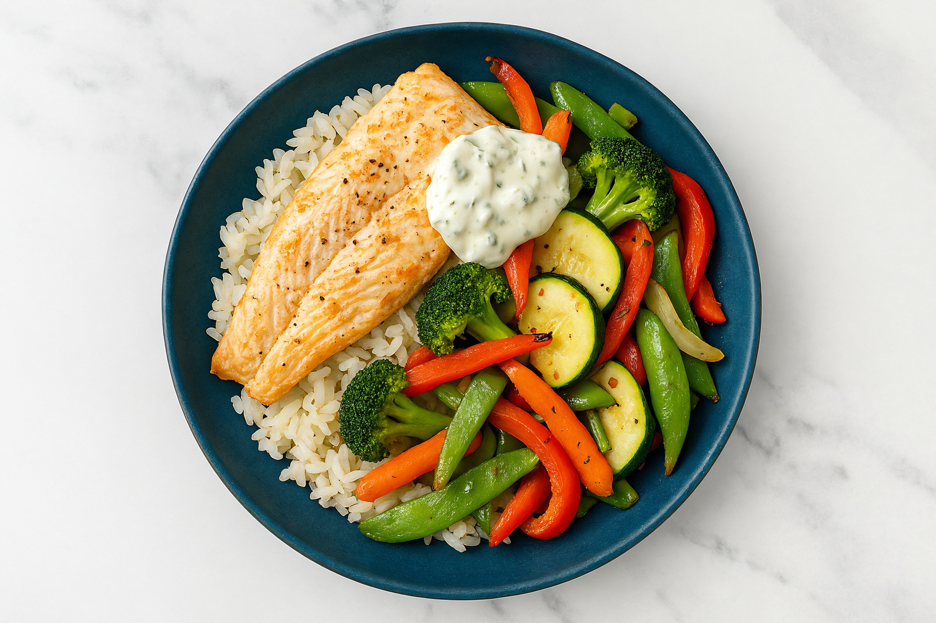 Greek Trout + White Rice Bowl with Sautéed Veggies