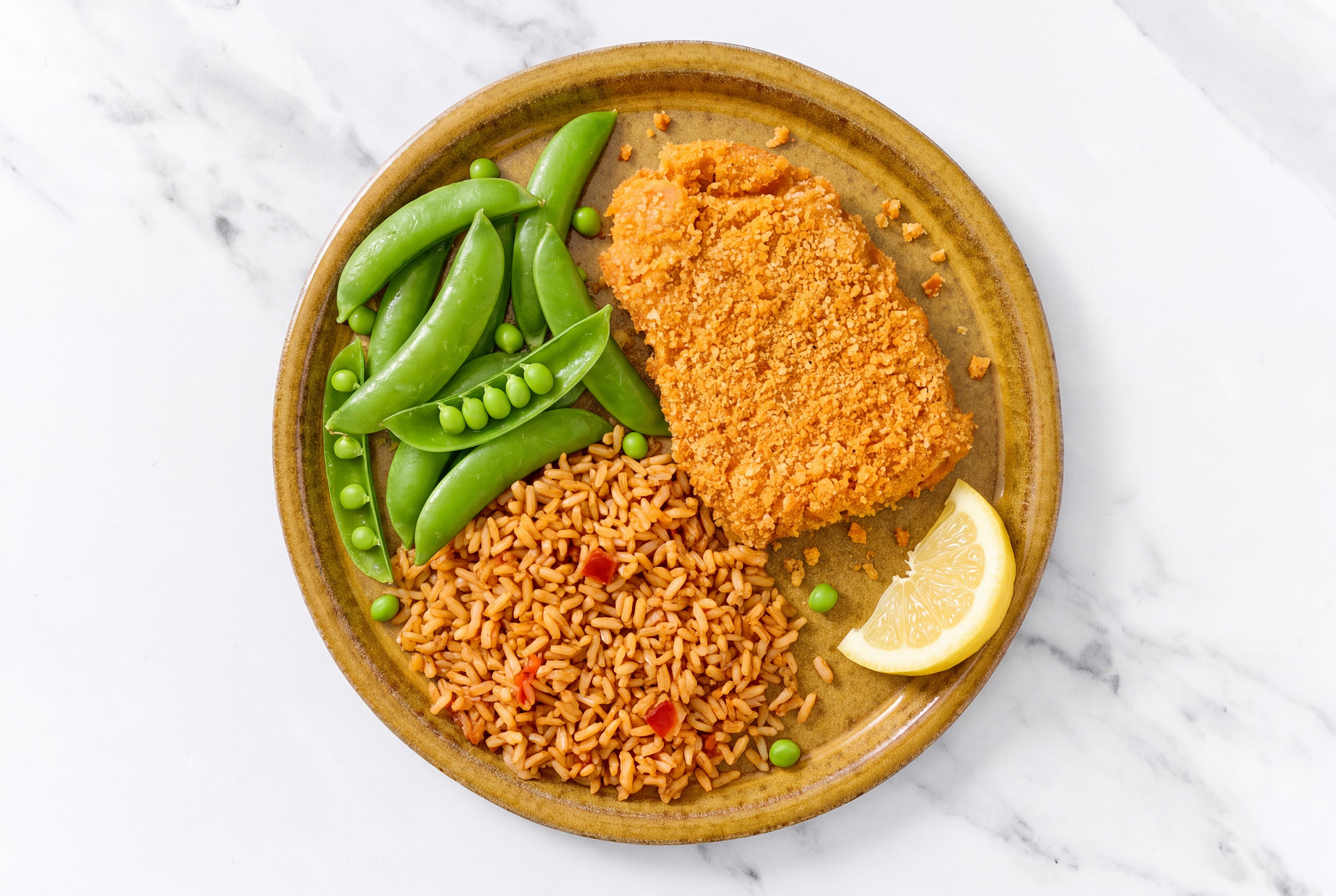 Lemon Hot Honey Breaded Chicken Cutlet with Snap Peas & Mexican Rice