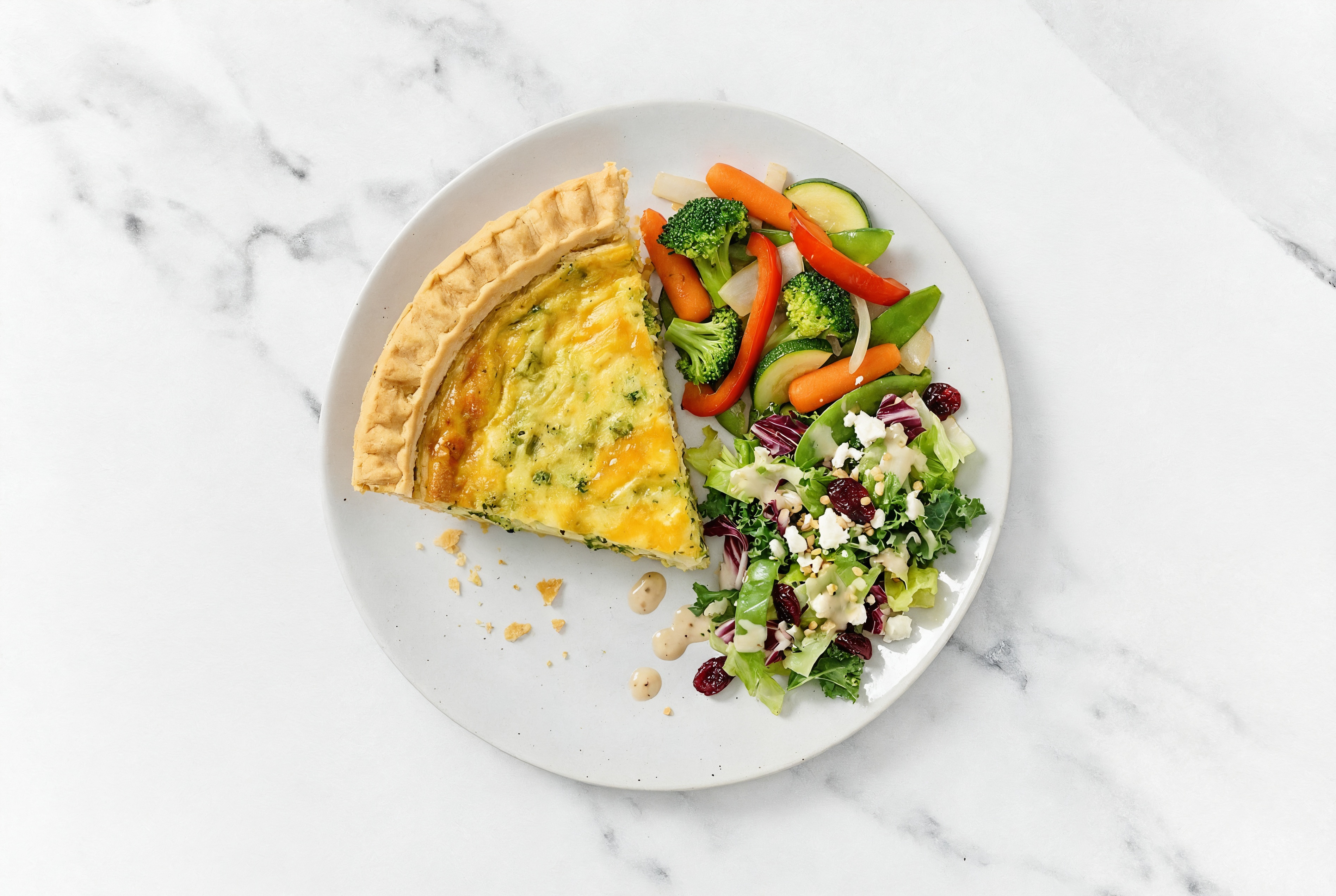 Broccoli & Cheddar Quiche with Veggies & Honey Citrus Salad