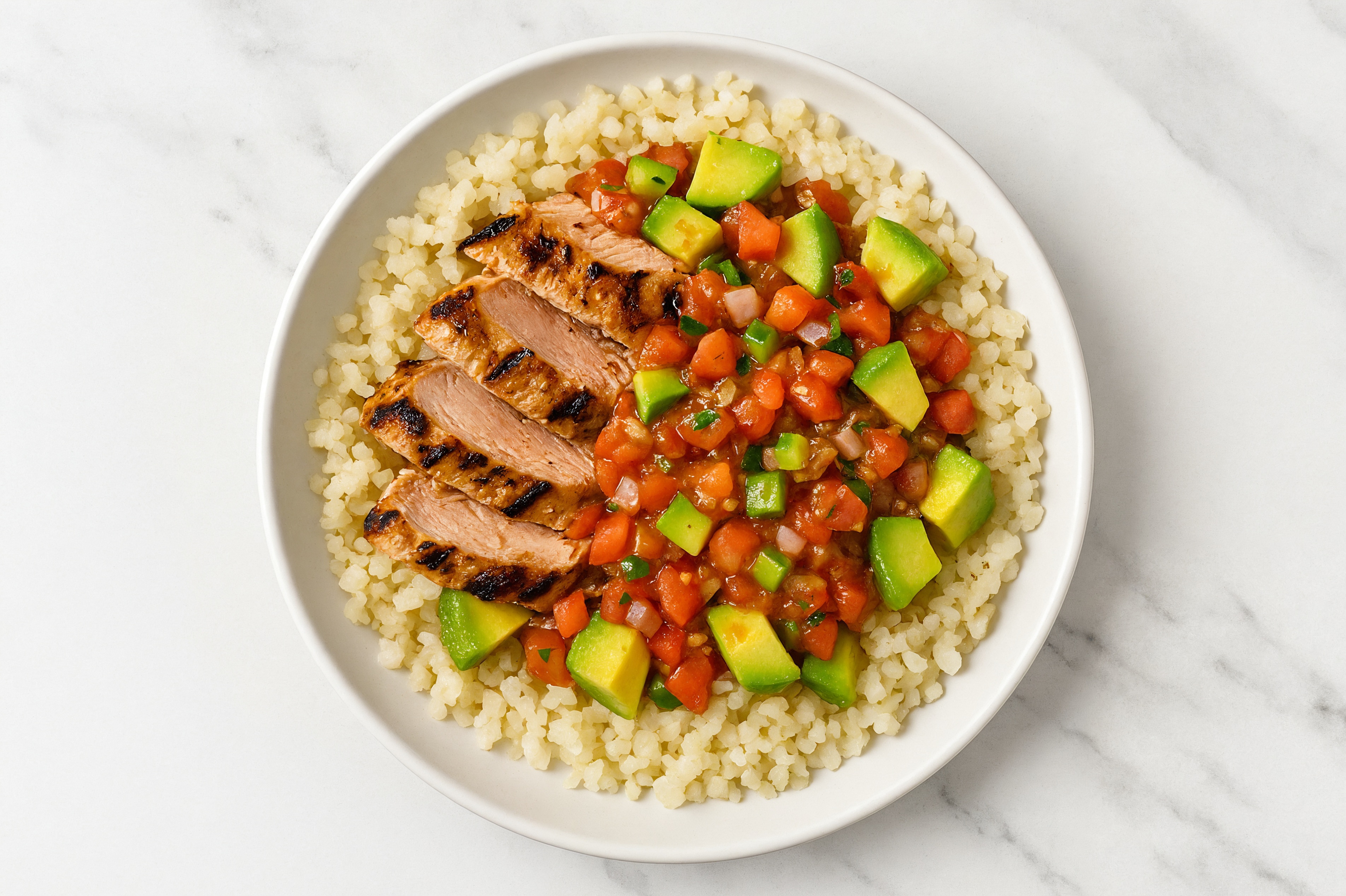 Pork Tenderloin + Avocado Salsa Cauli Bowl