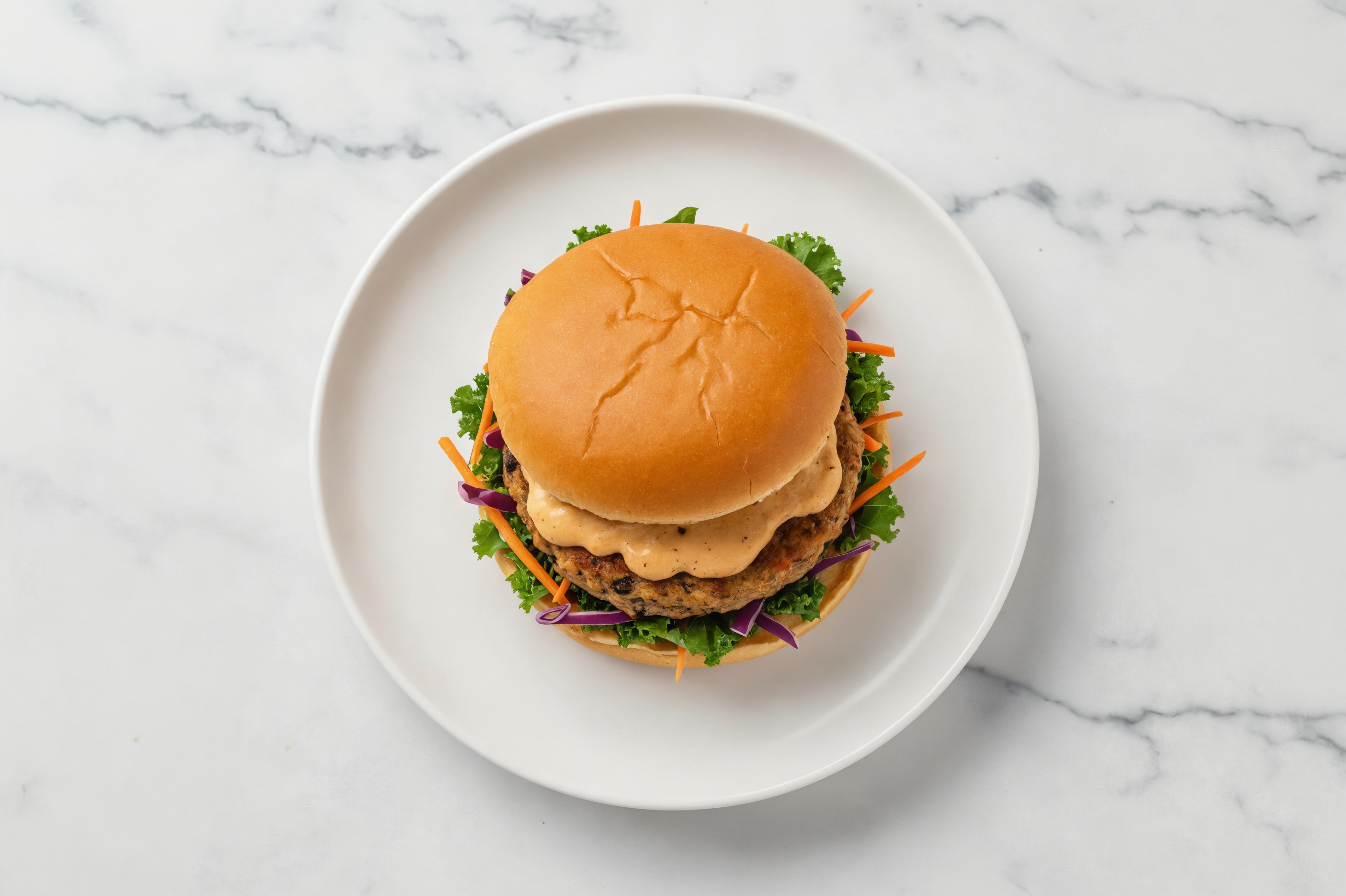 Rainbow Veggie Black Bean Burger on GF Bun with Smoky BBQ Sauce