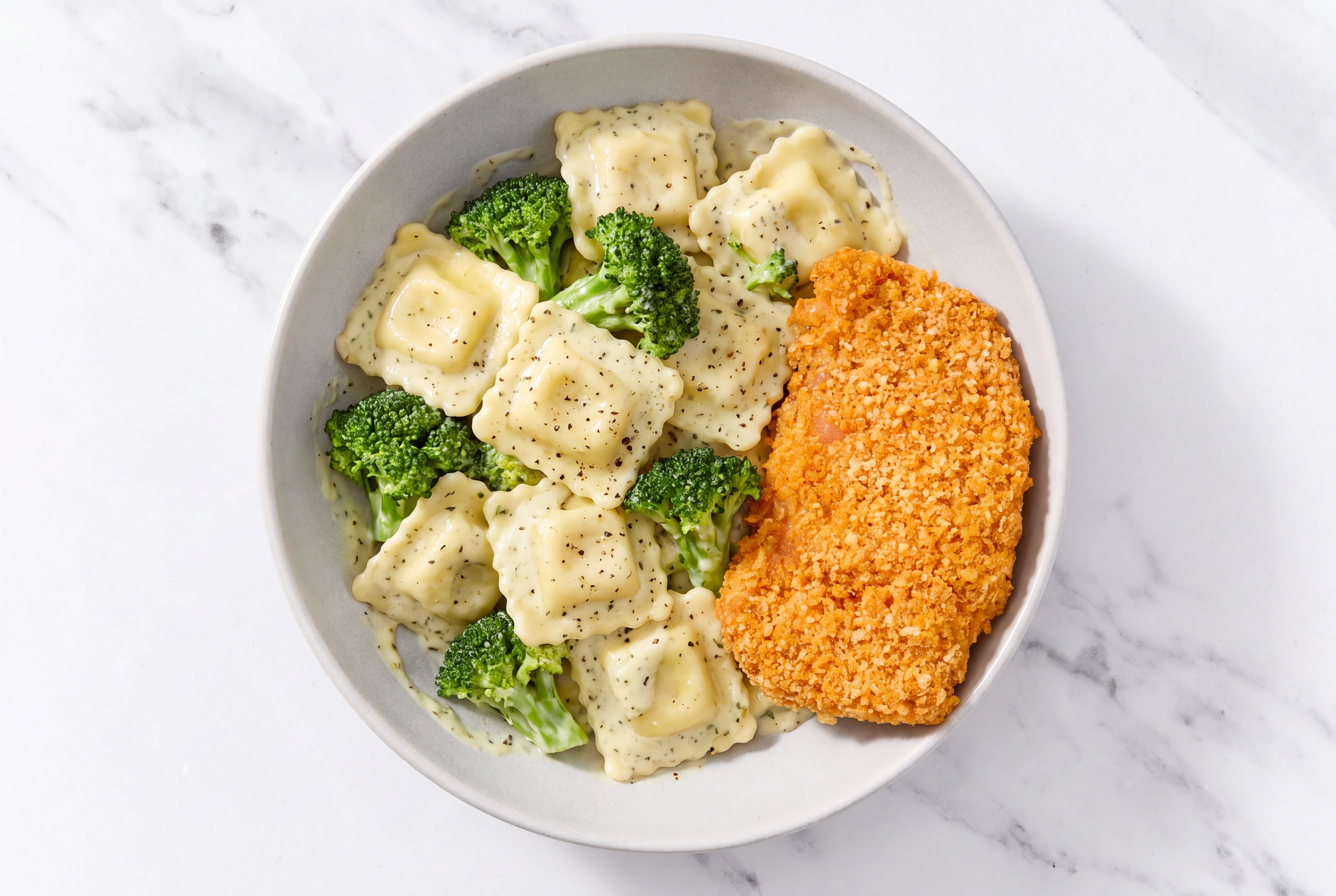 Crispy Hot Honey Chicken over Creamy Ravioli with Broccoli