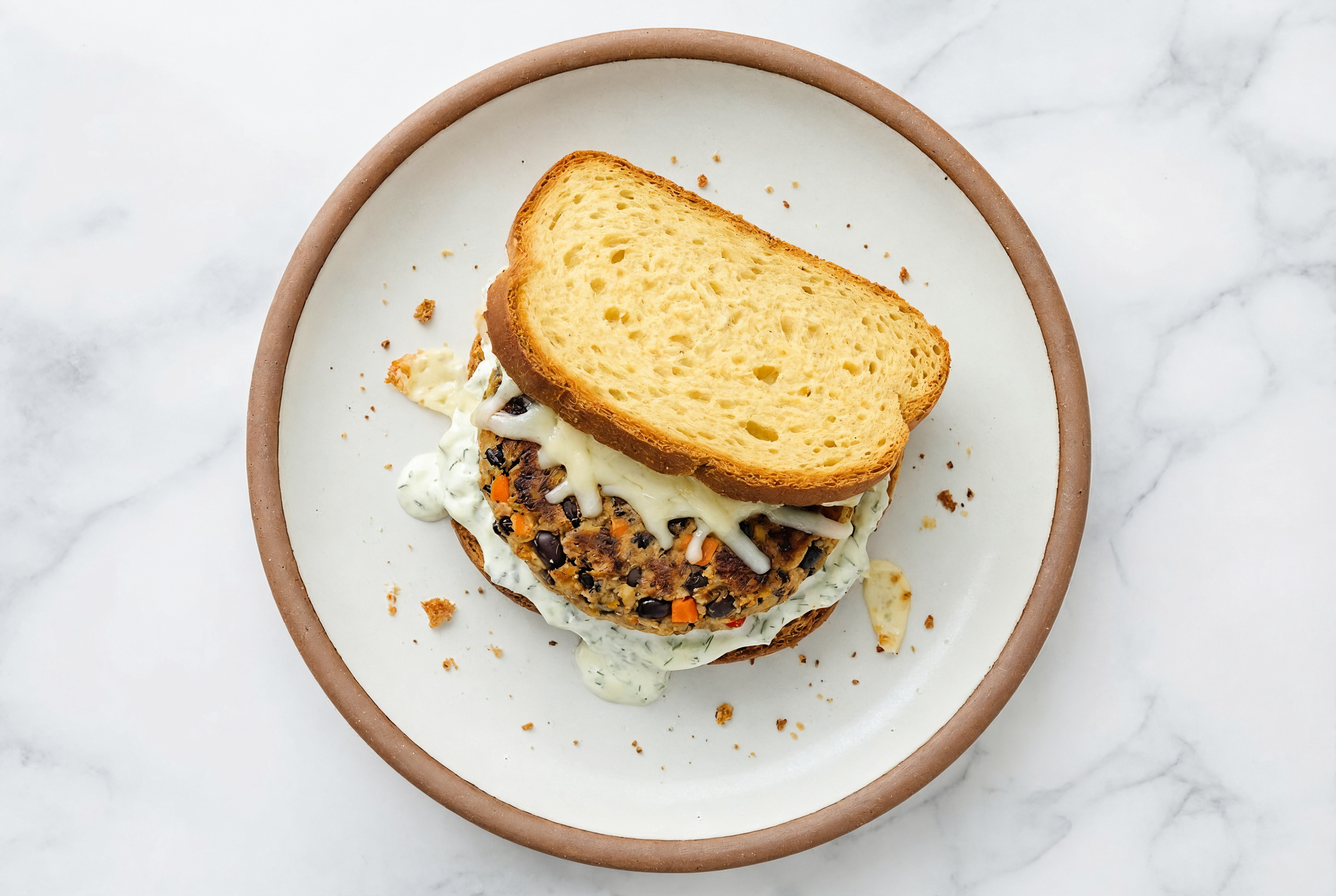 "Mozzarella" Black Bean Burger on GF Bread with Cucumber Tzatziki