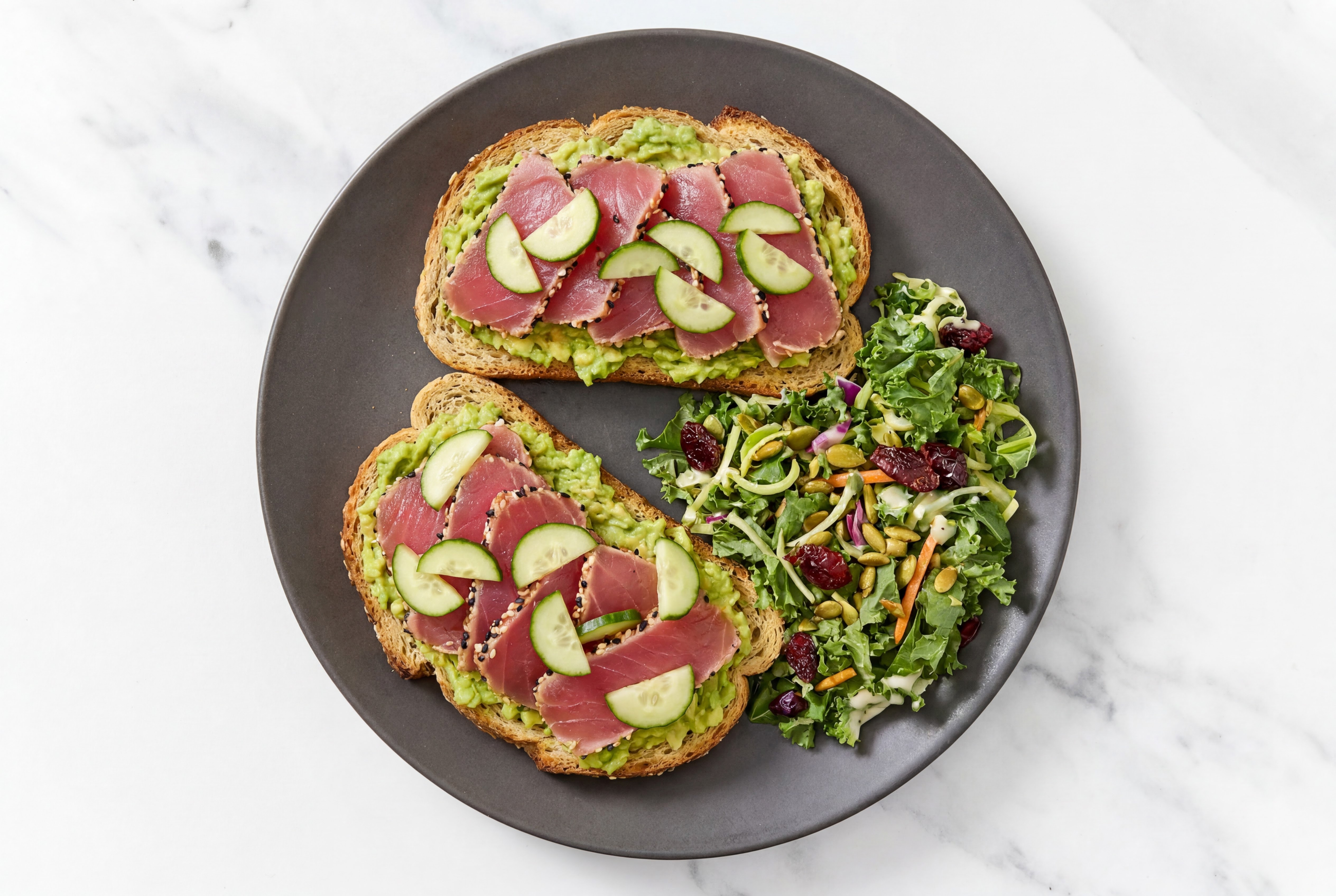 Open Face Avocado + Smoked Tuna Sandwiches with Chopped Kale Salad Side