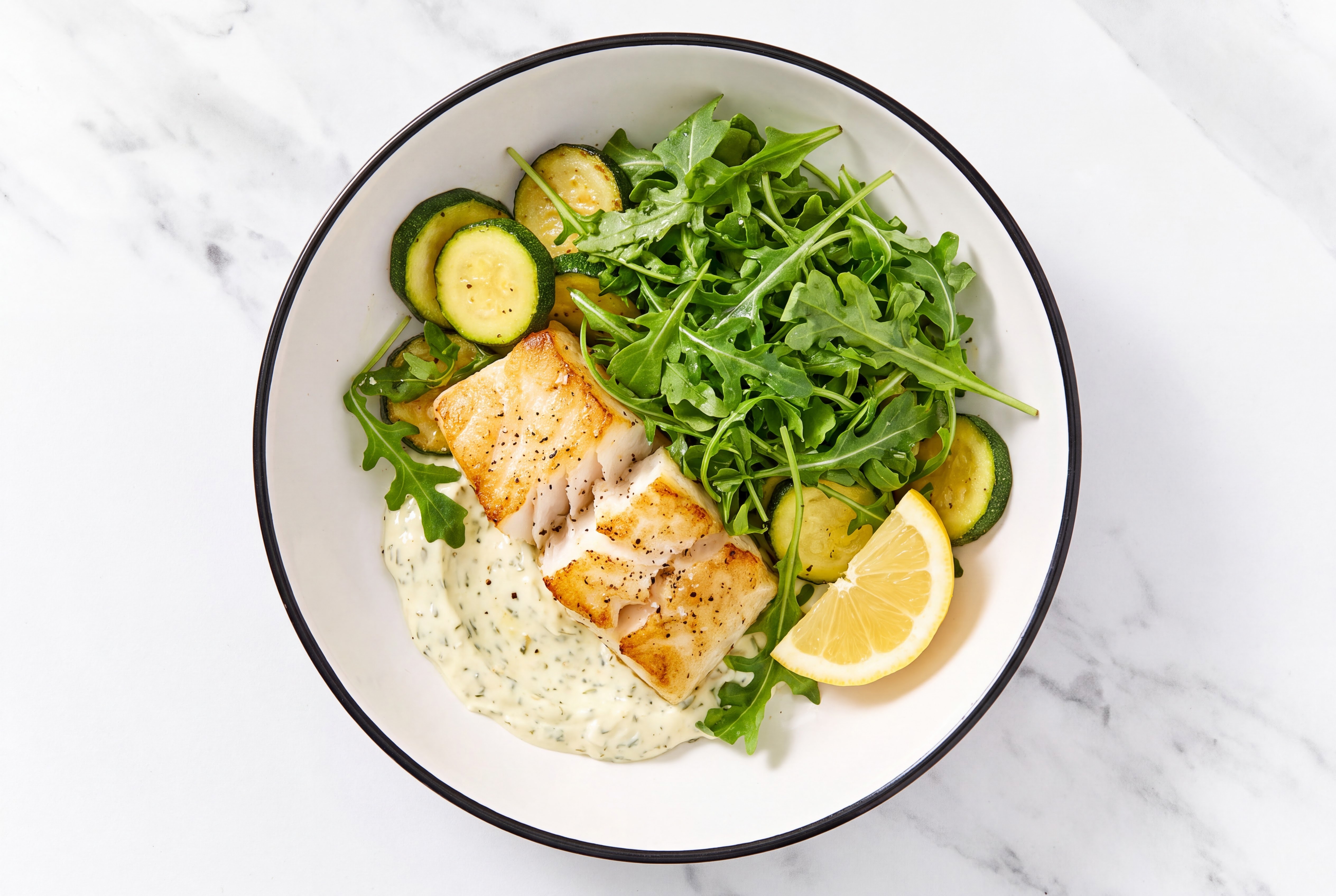 Grilled Halibut Bowl with Creamy Pickle Dip + Arugula