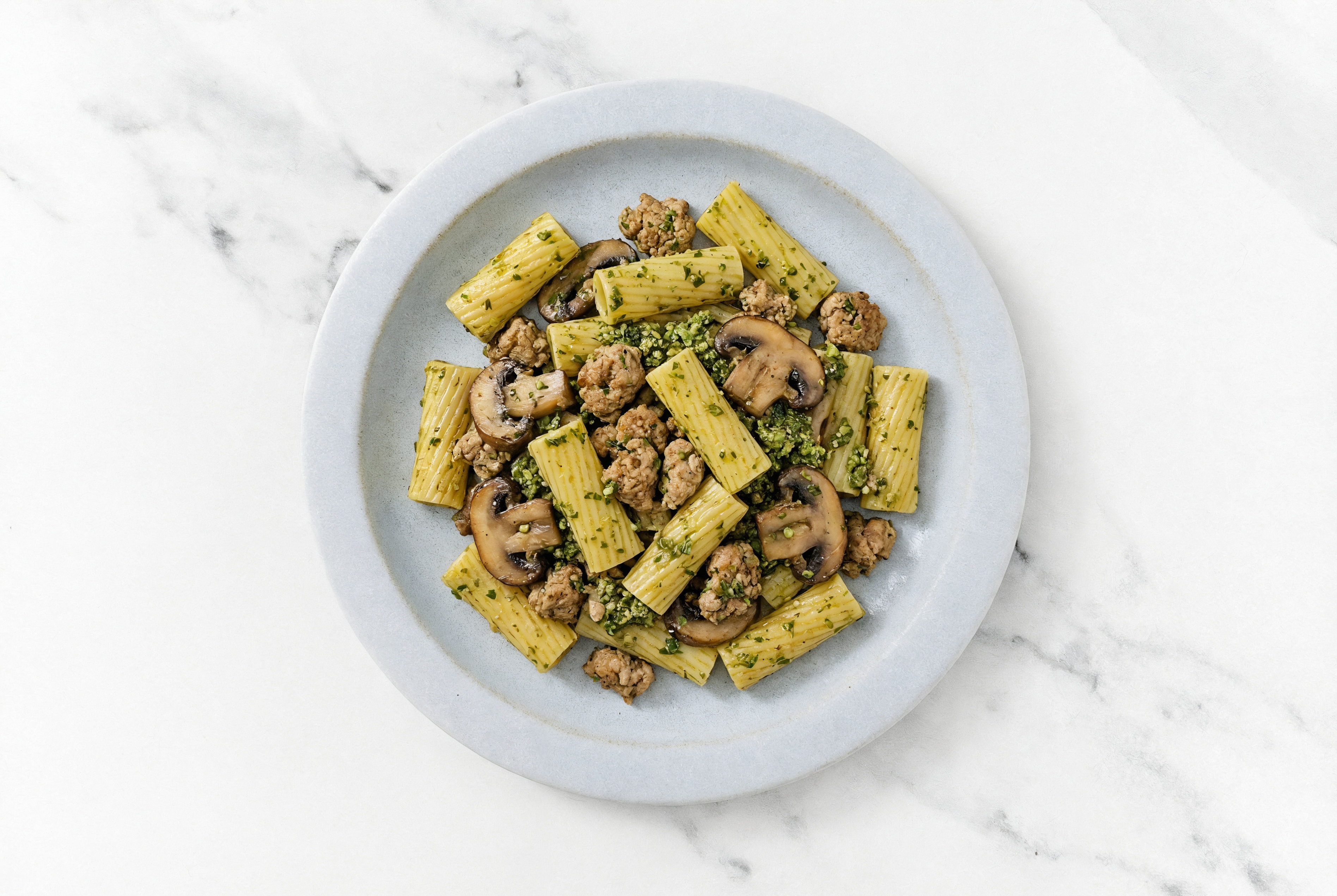 Rigatoni Pesto with Ground Turkey & Mushrooms