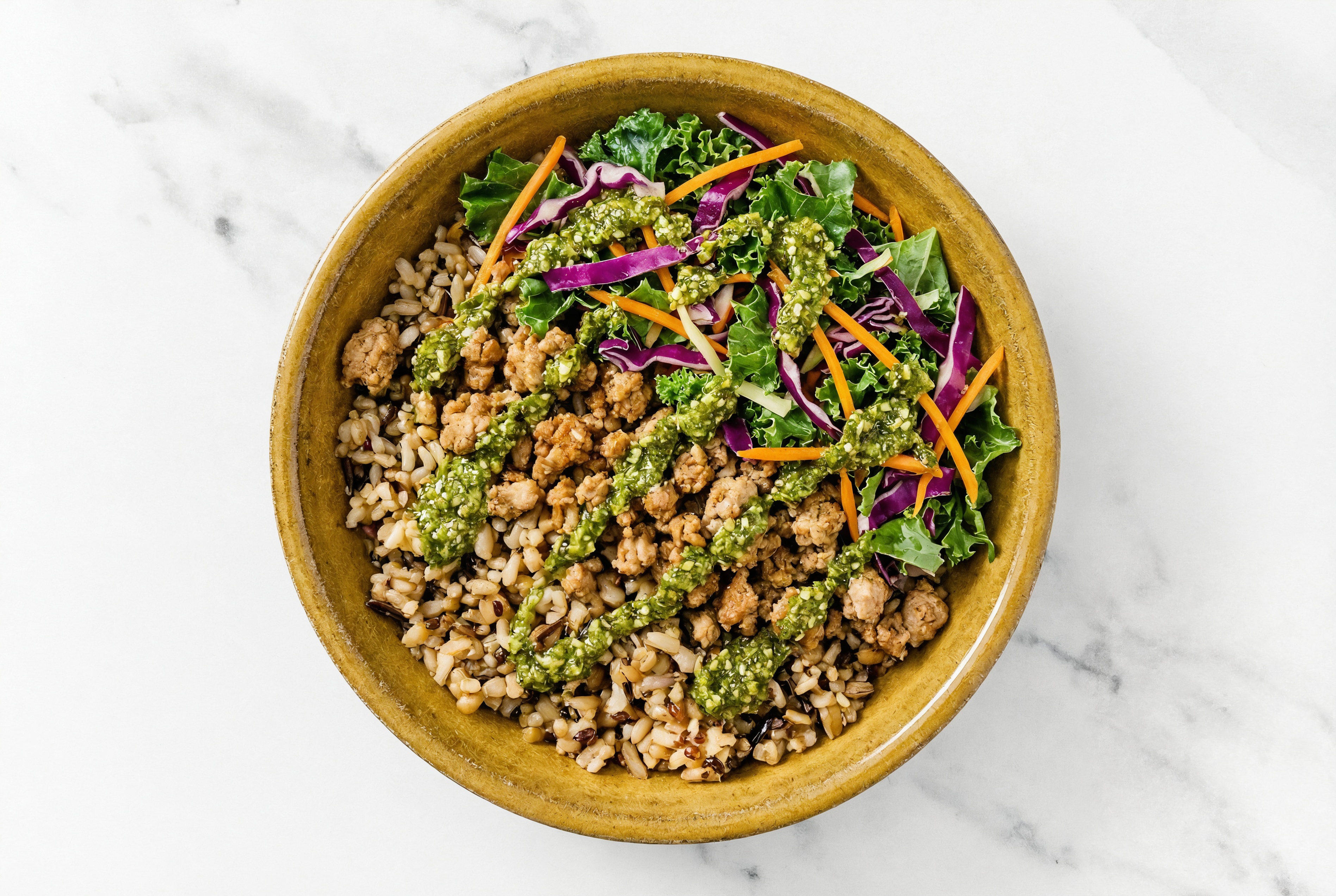 Ground Turkey & Rainbow Veggie Grain Bowl with Basil Pesto
