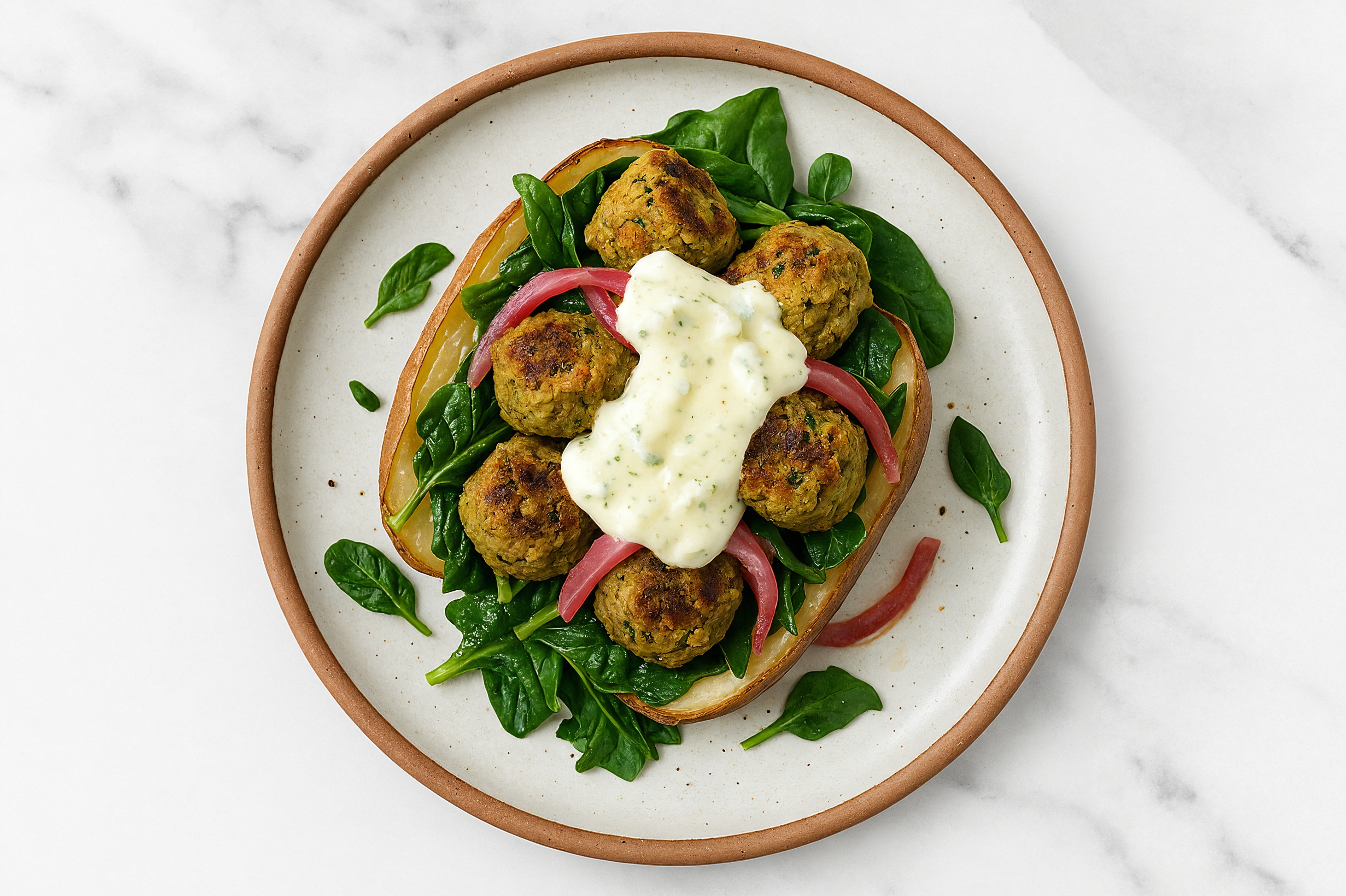 Herby  Falafel & Tzatziki Russet Potato with Baby Spinach