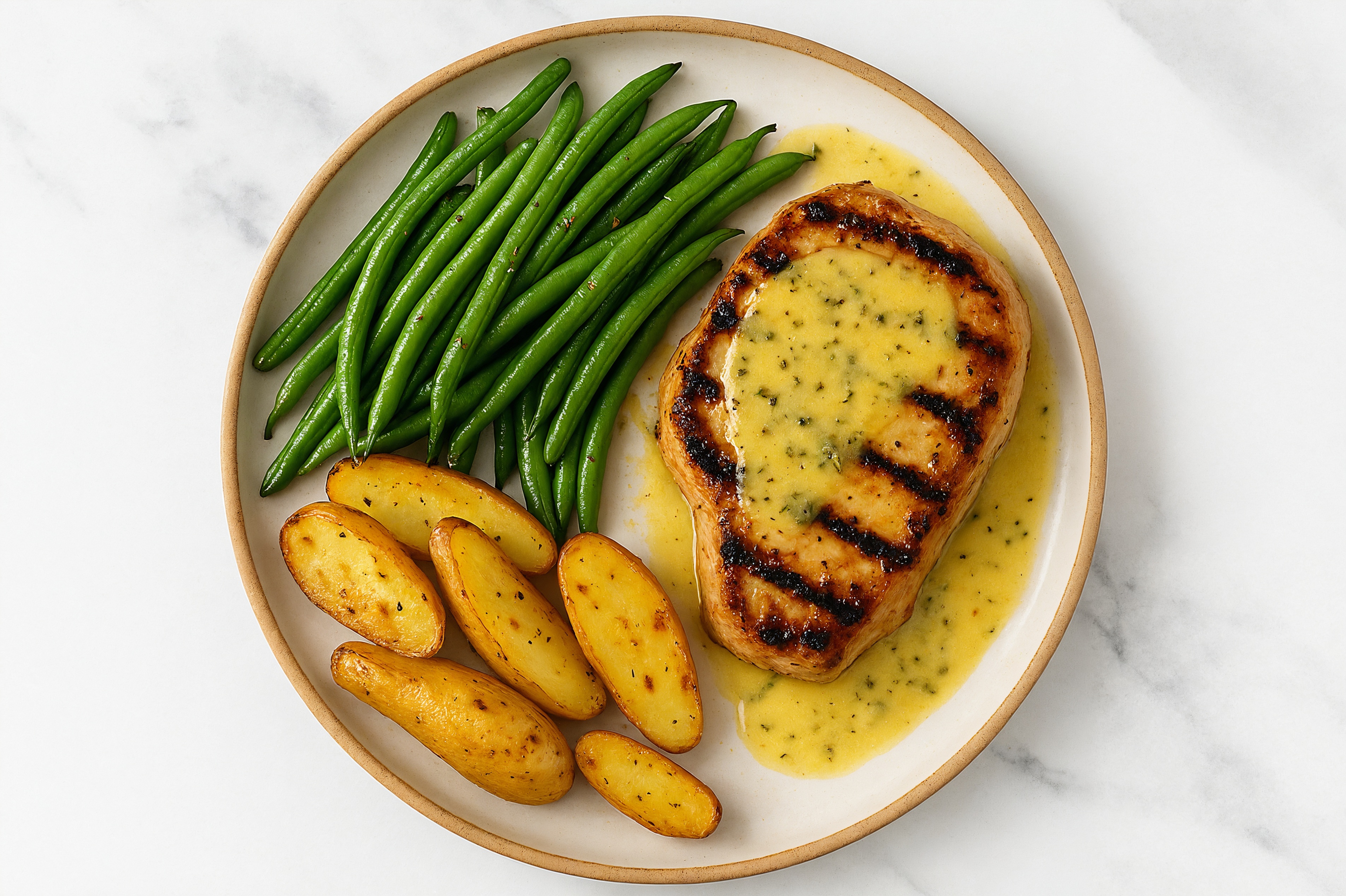 Lemon-Slow Churned & Peppercorn Pasture Butter Pork Chops with Fingerling Potatoes & Green Beans