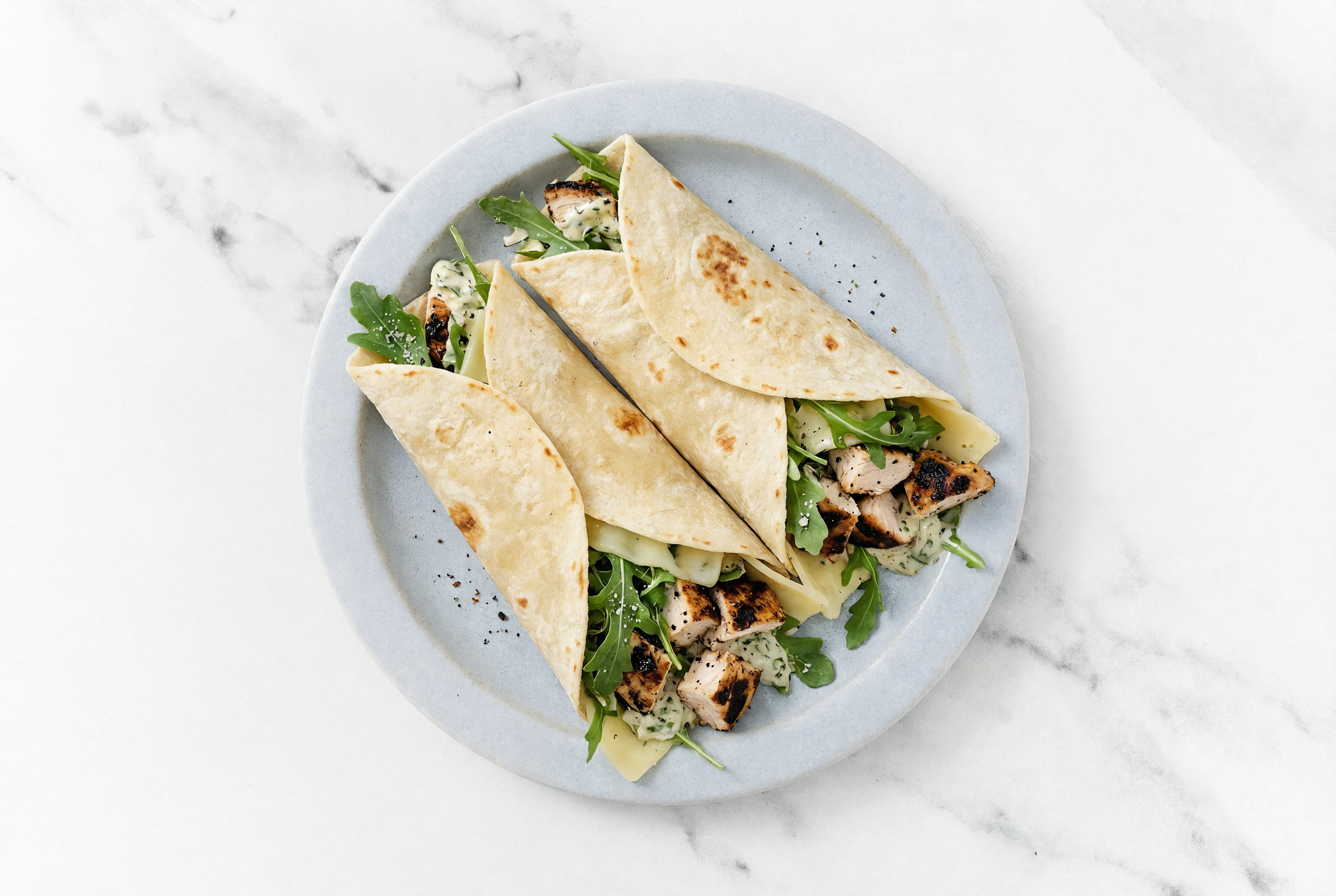 Herby Blackened Chicken + Havarti Tortilla Wraps with Arugula