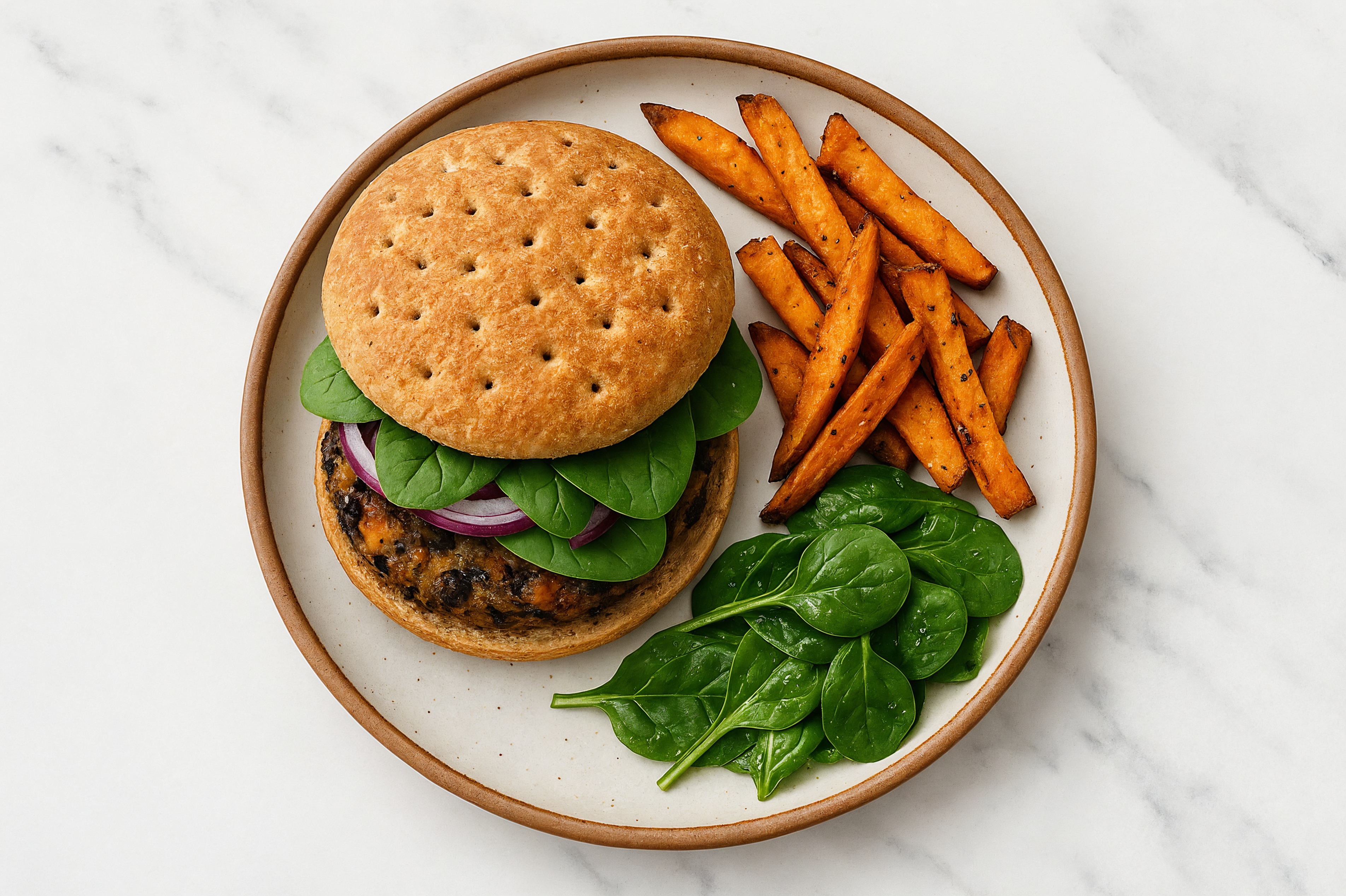 Savory Easy Black Bean Burger + Sweet Potato Fries with Baby Spinach