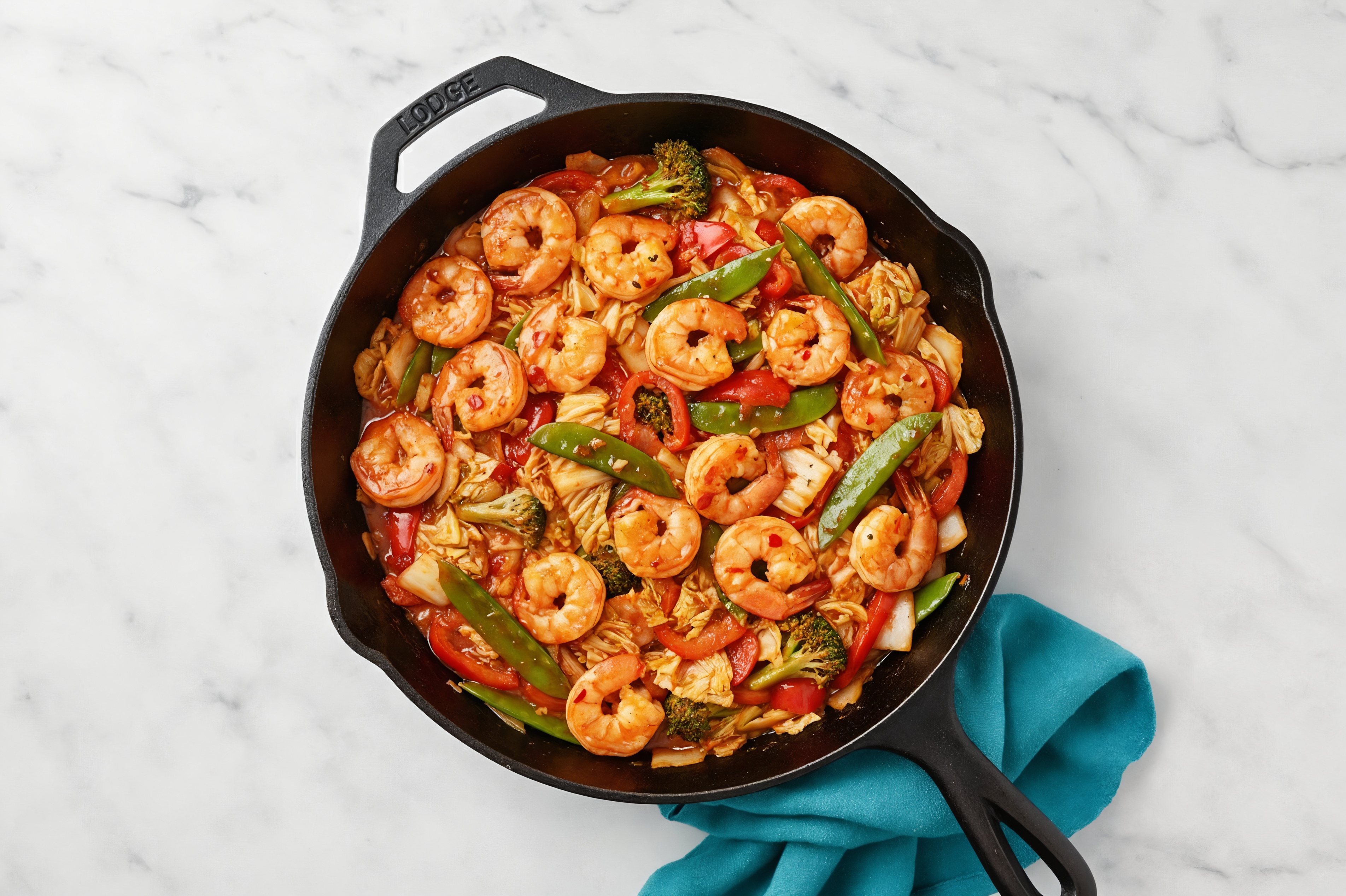 Sweet Chili Lime Shrimp with Bok Choy Mix + Bell Pepper over Rice with Beans