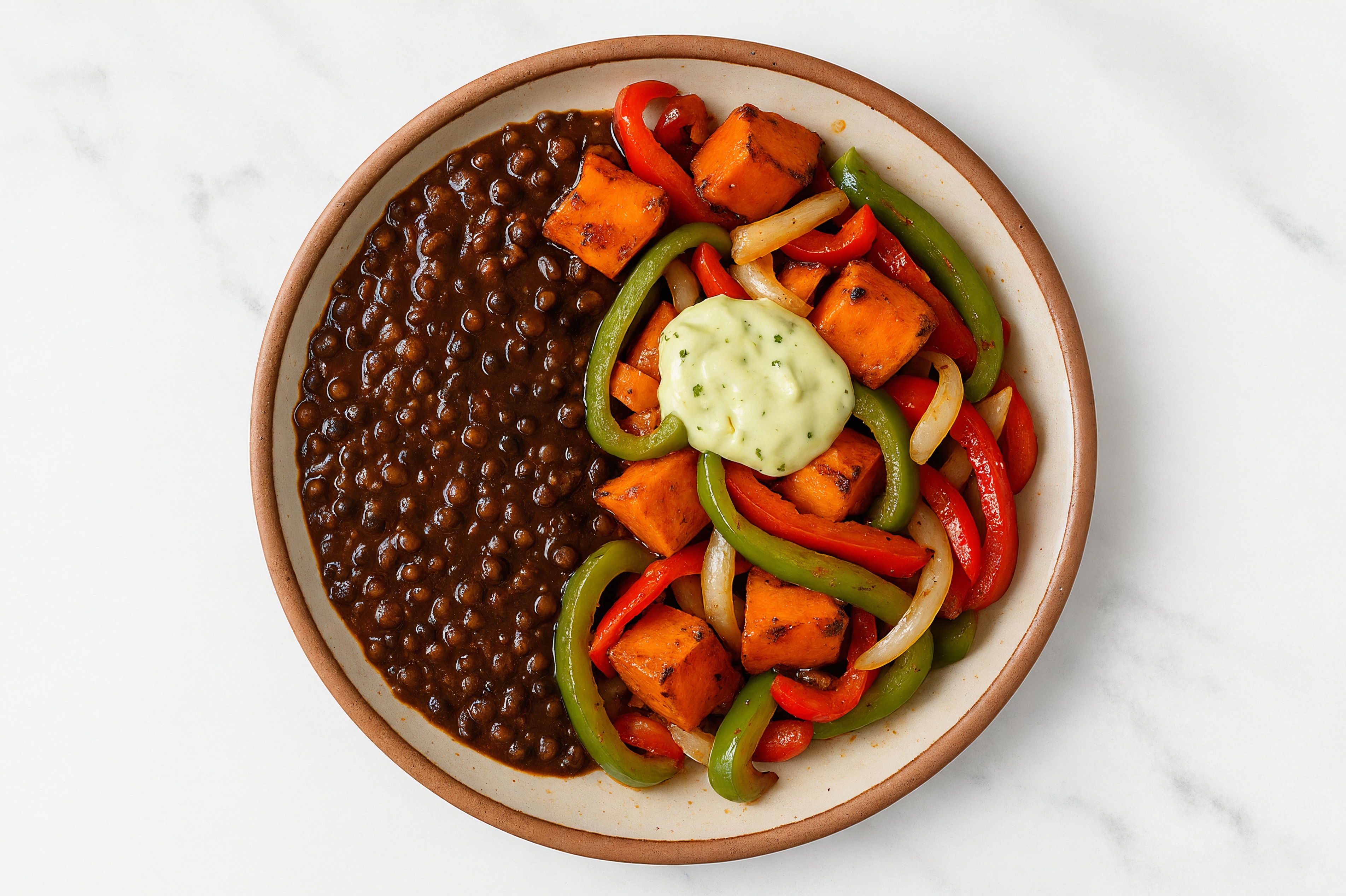 Roasted Sweet Potatoes, Bell Peppers + Black Lentils with Jalapeño Crema Vegan Plate