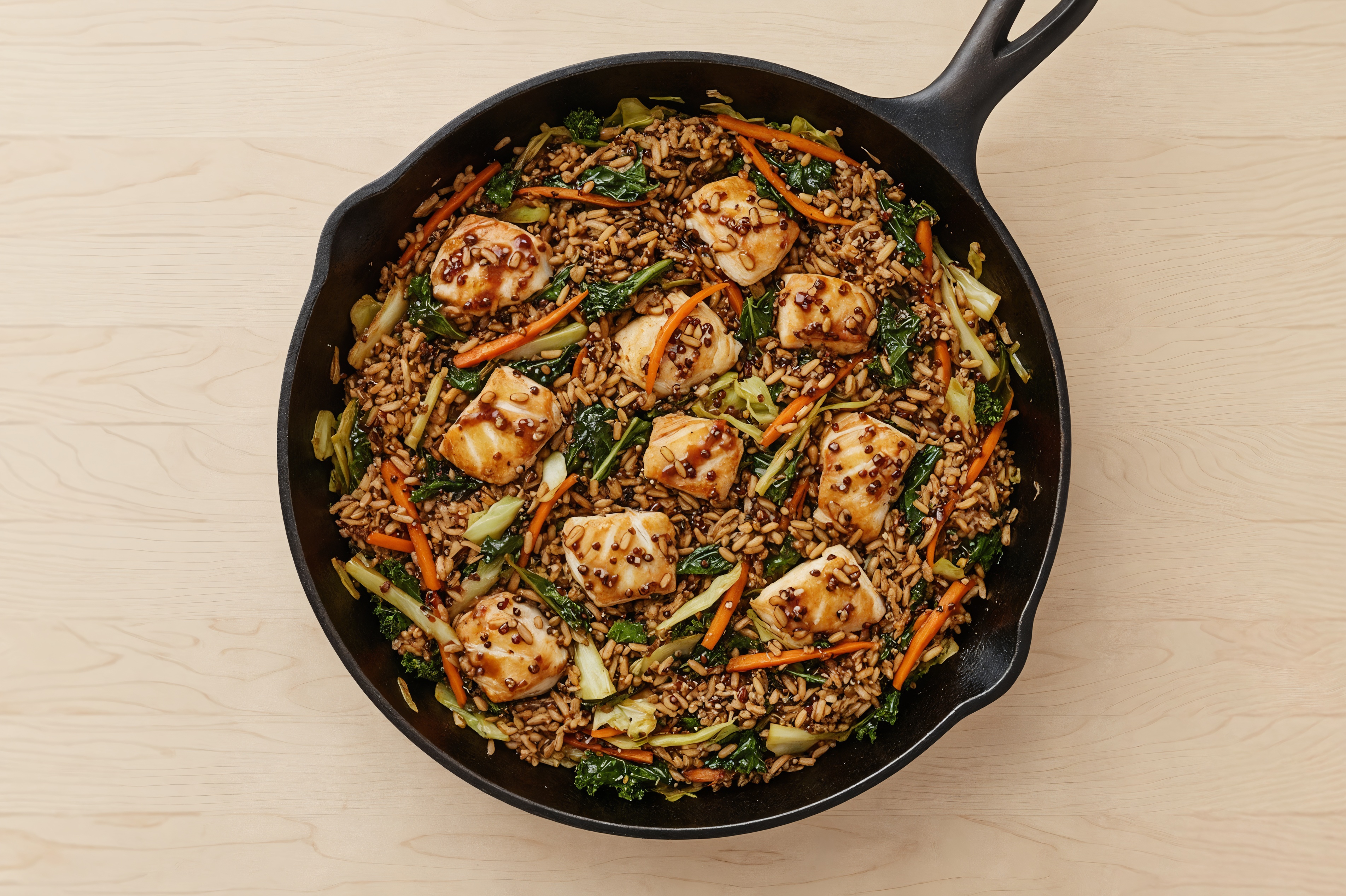 Teriyaki Veggie + Wild Halibut Stir-Fry with Brown Rice Quinoa Blend