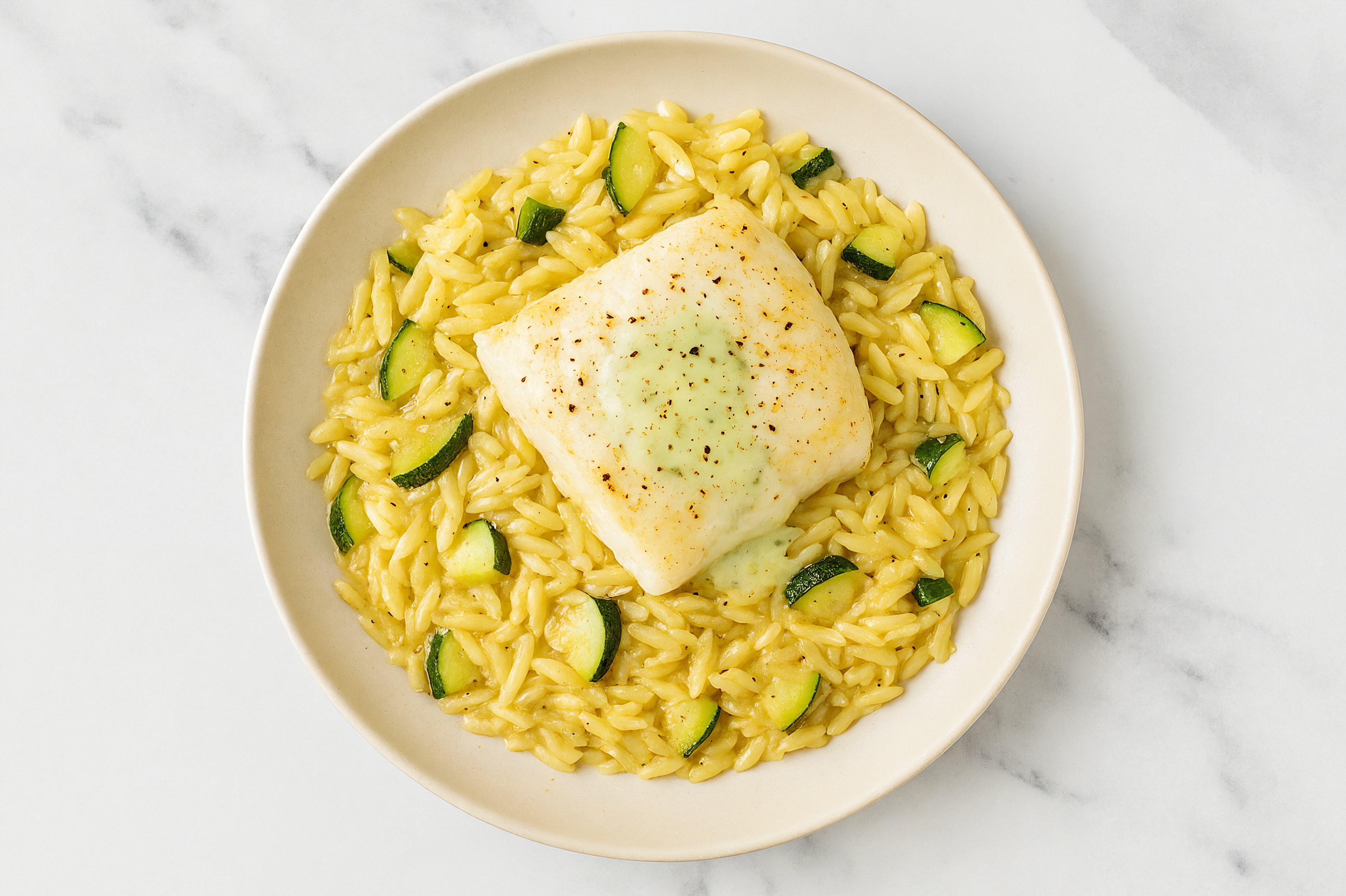 Jalapeño Halibut + Buttery Veggie Orzo