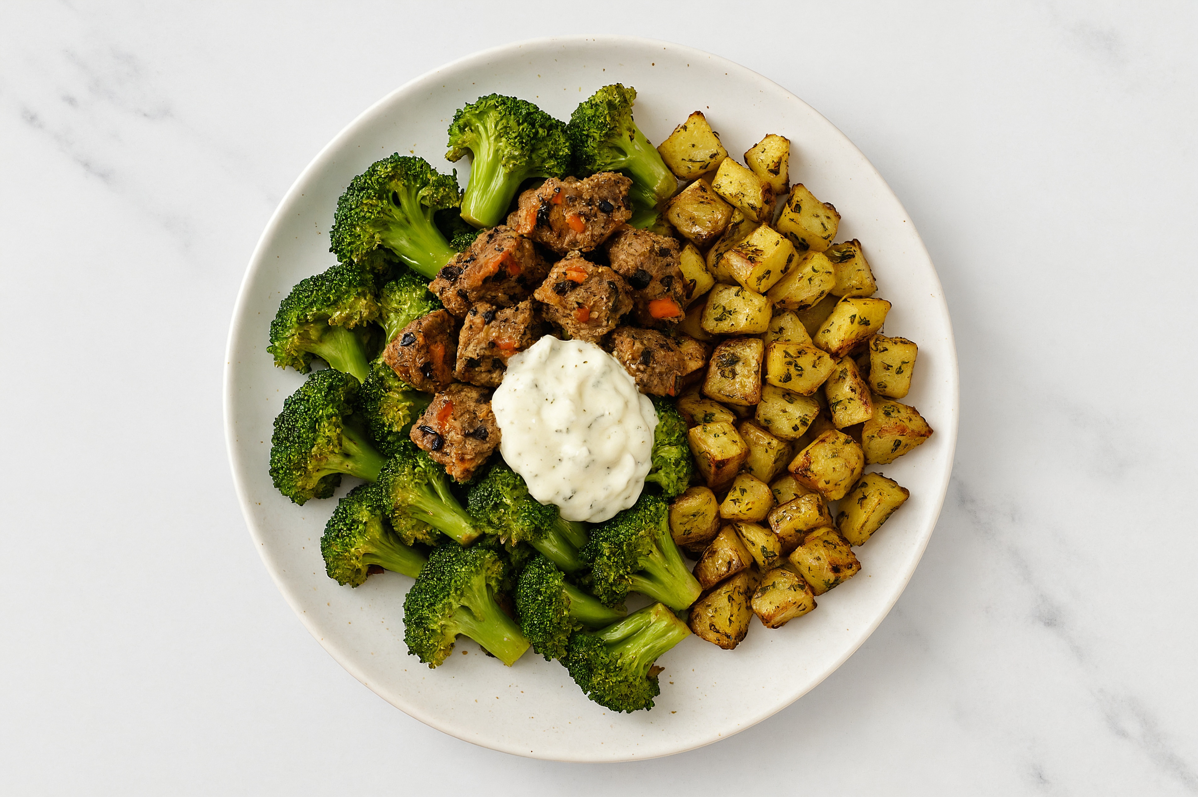 Tzatziki Black Bean Potato Bowl with Broccoli Florets