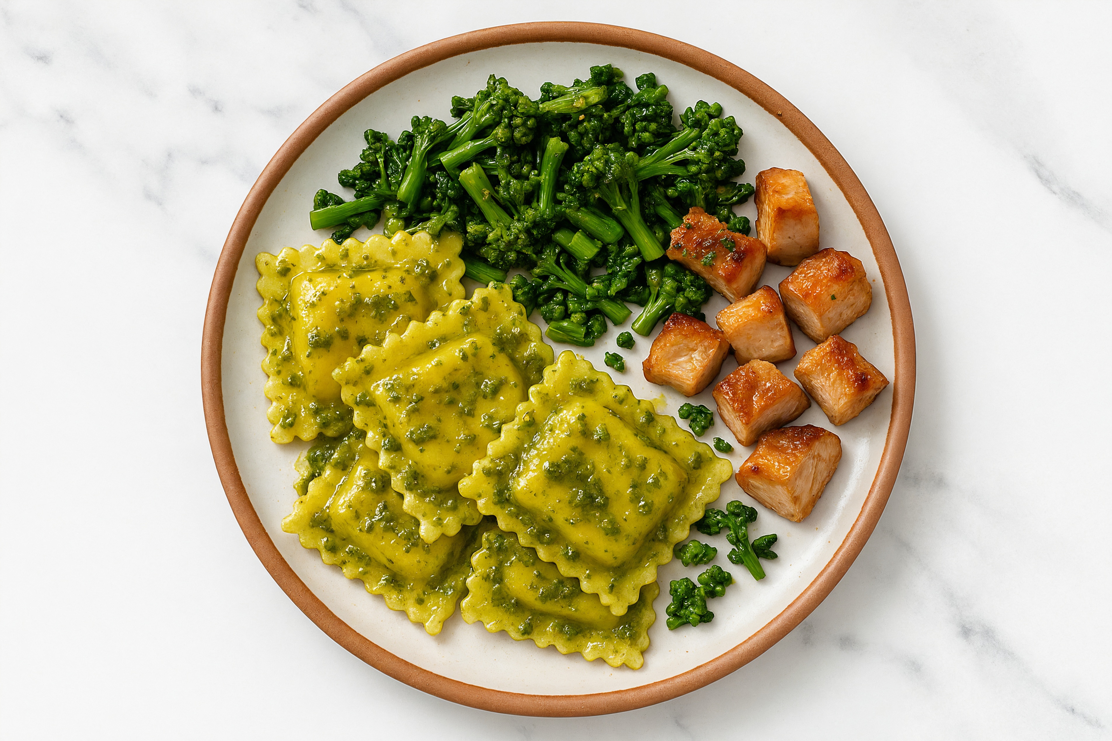 Pesto Squash Ravioli with Pork Chops & Baby Broccoli