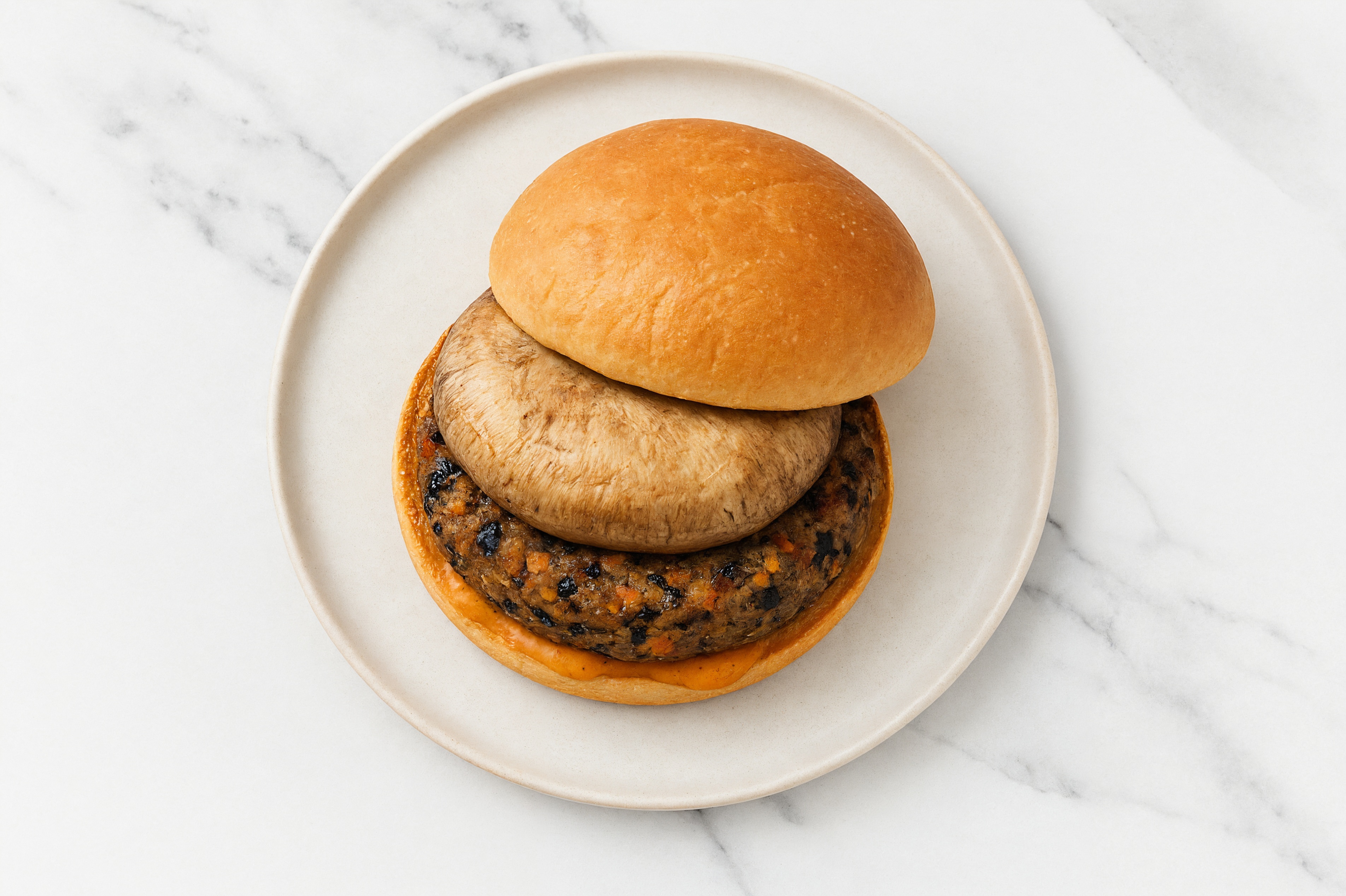 Portabella Black Bean Burger on GF Bun with Smoky BBQ Sauce