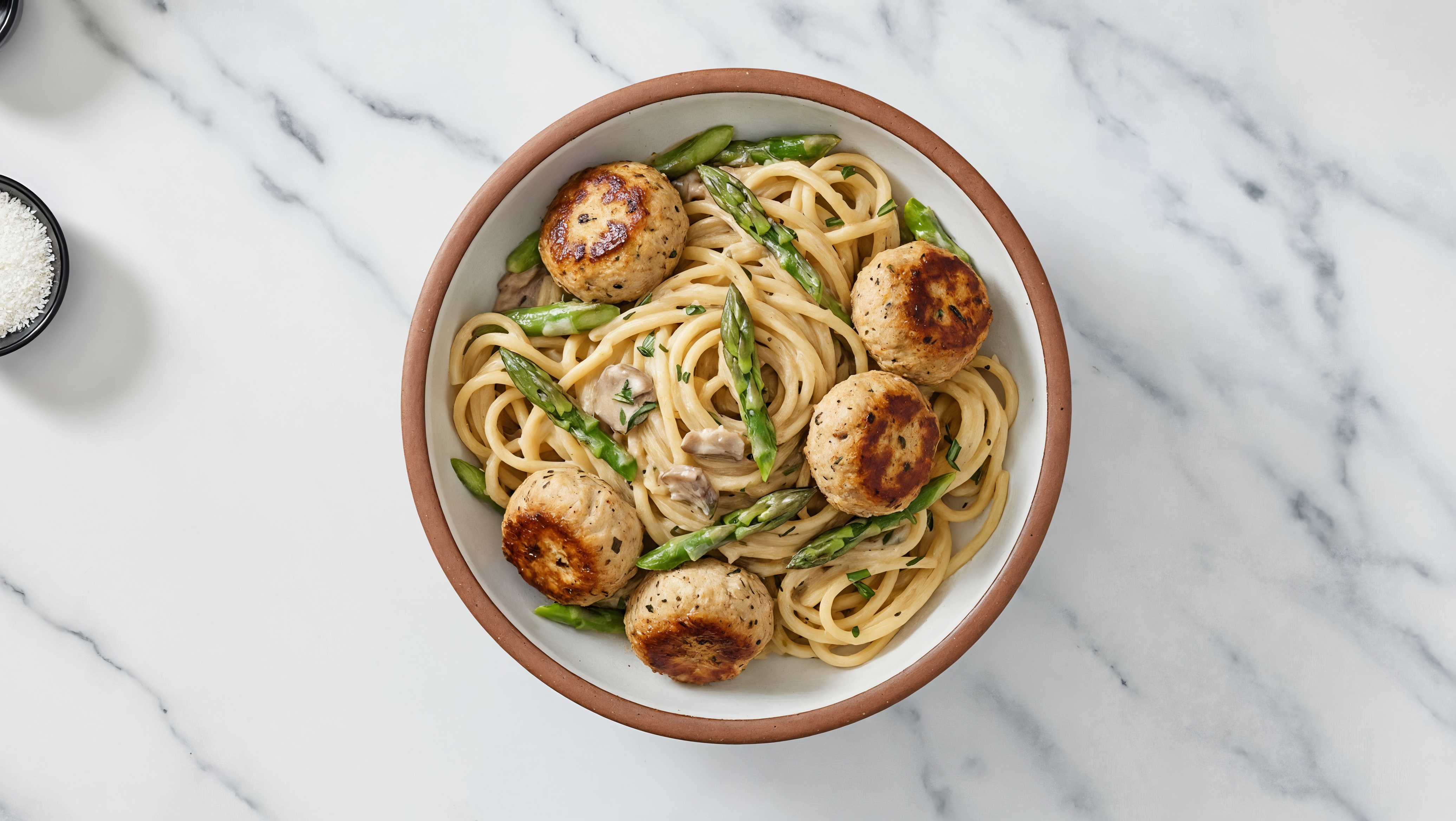Creamy Rosemary Mushroom Truffle Sauce Primavera Linguine + Turkey Meatballs