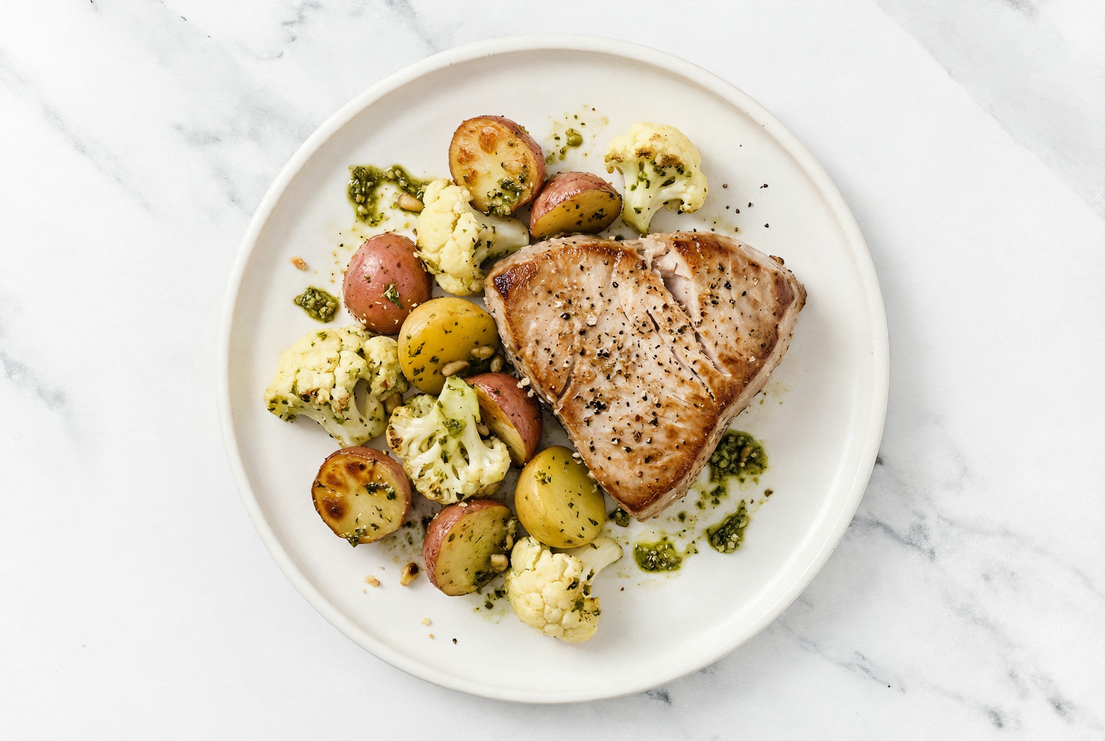 Sheet Pan Pesto-Tuna with Potatoes & Cauliflower
