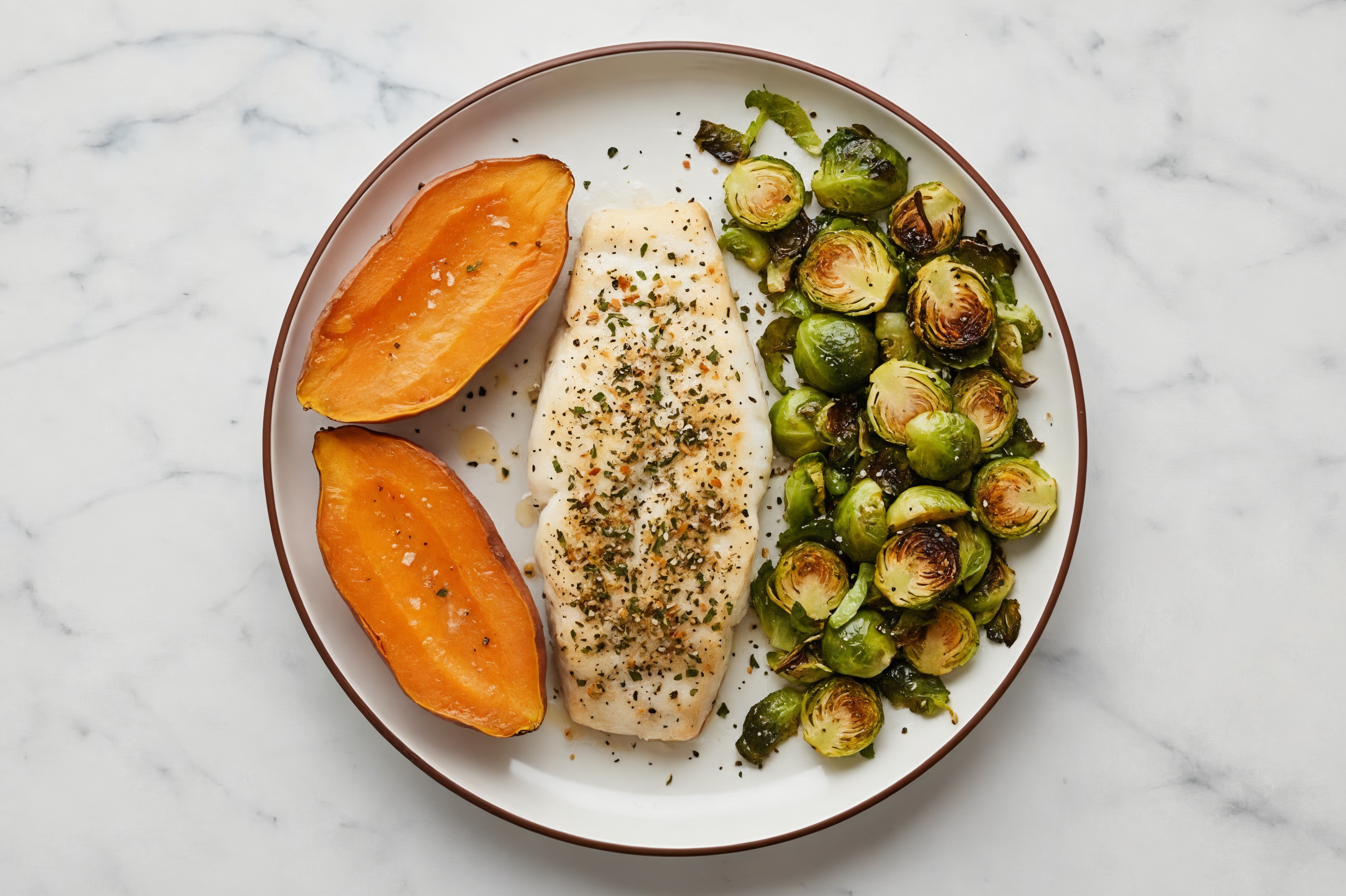 Roasted Halibut + Sweet Potato On Brussels