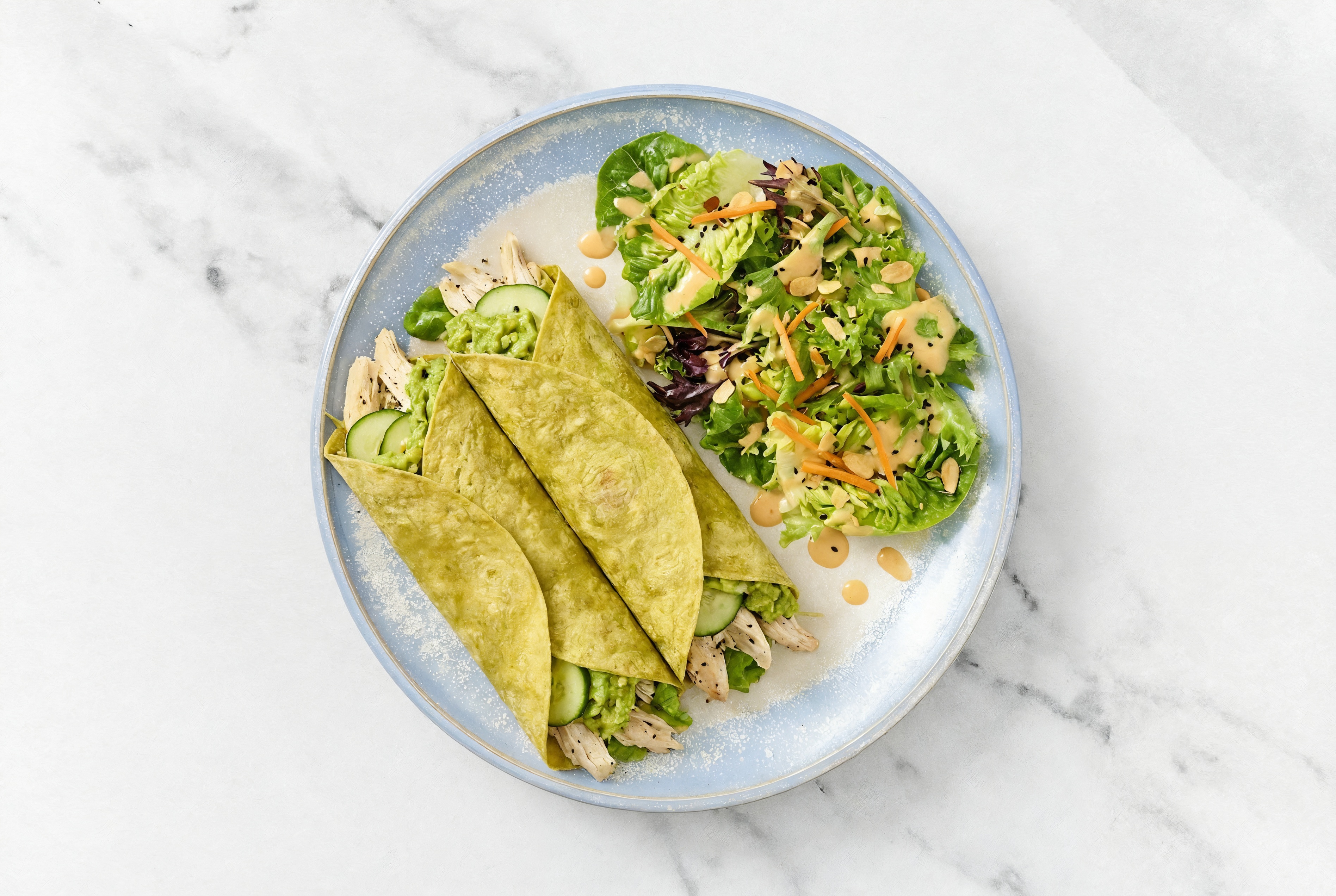Pulled Chicken + Guacamole Wrap with Side Chopped Little Gem Salad with Spinach Tortilla