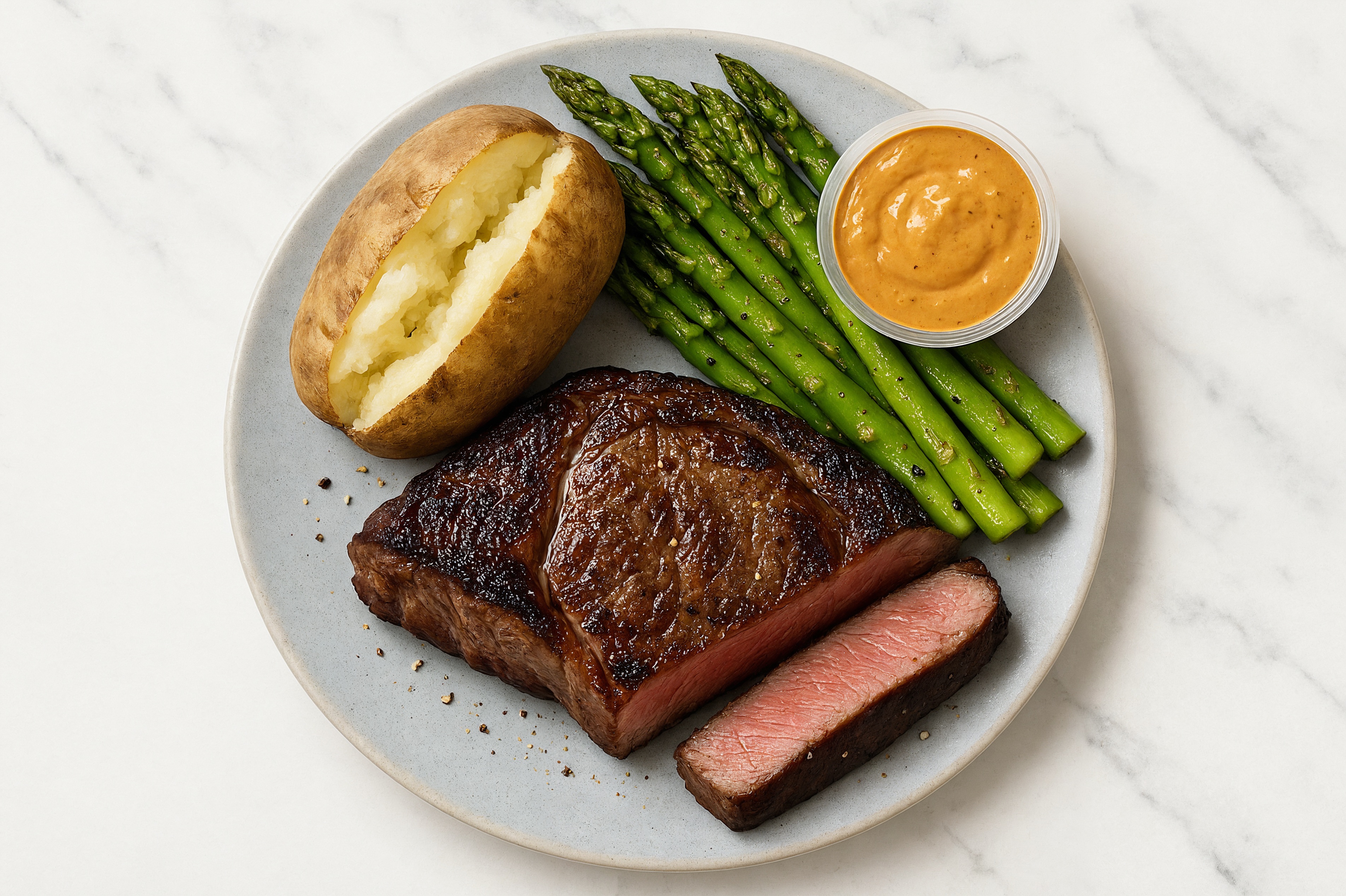 Wagyu Ribeye, Asparagus + Baked Potatoes with a Dollop of Creamy Smoky BBQ