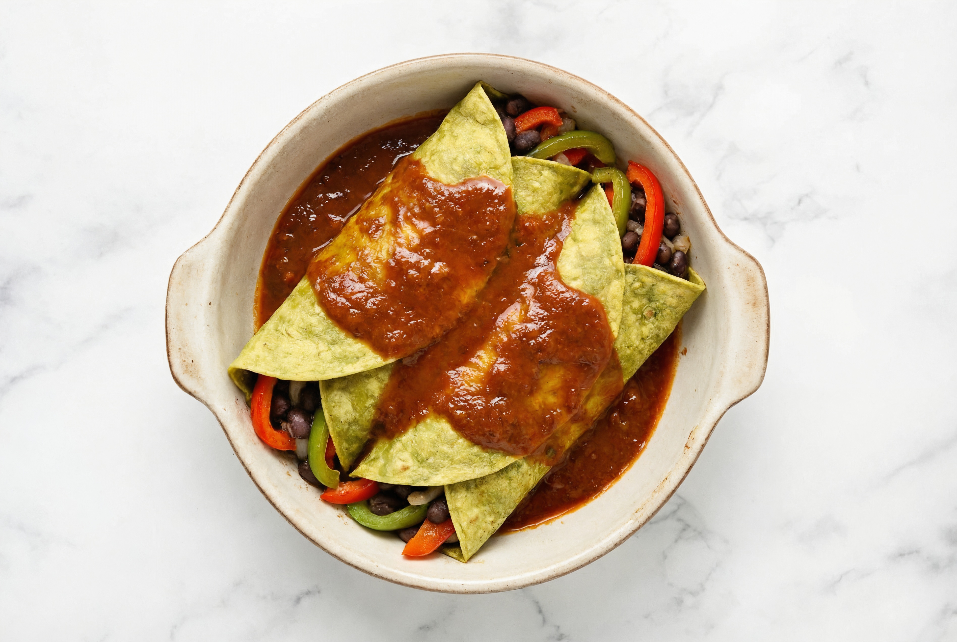 Cozy Cuban Spiced Black Beans Bean + Veggie Enchiladas Rojas