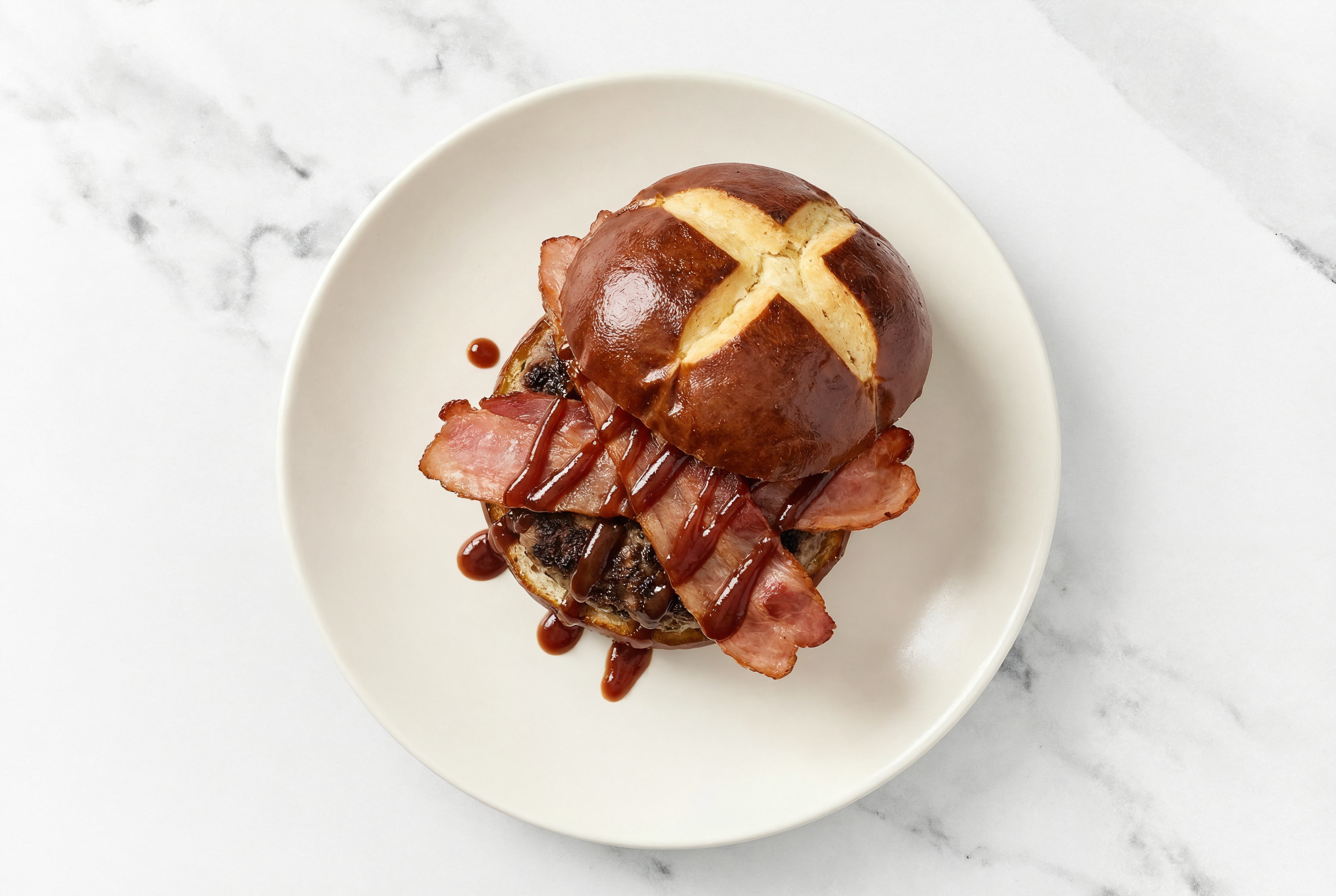 Lamb Burger on Pretzel with BBQ & Turkey Bacon with Original BBQ Sauce