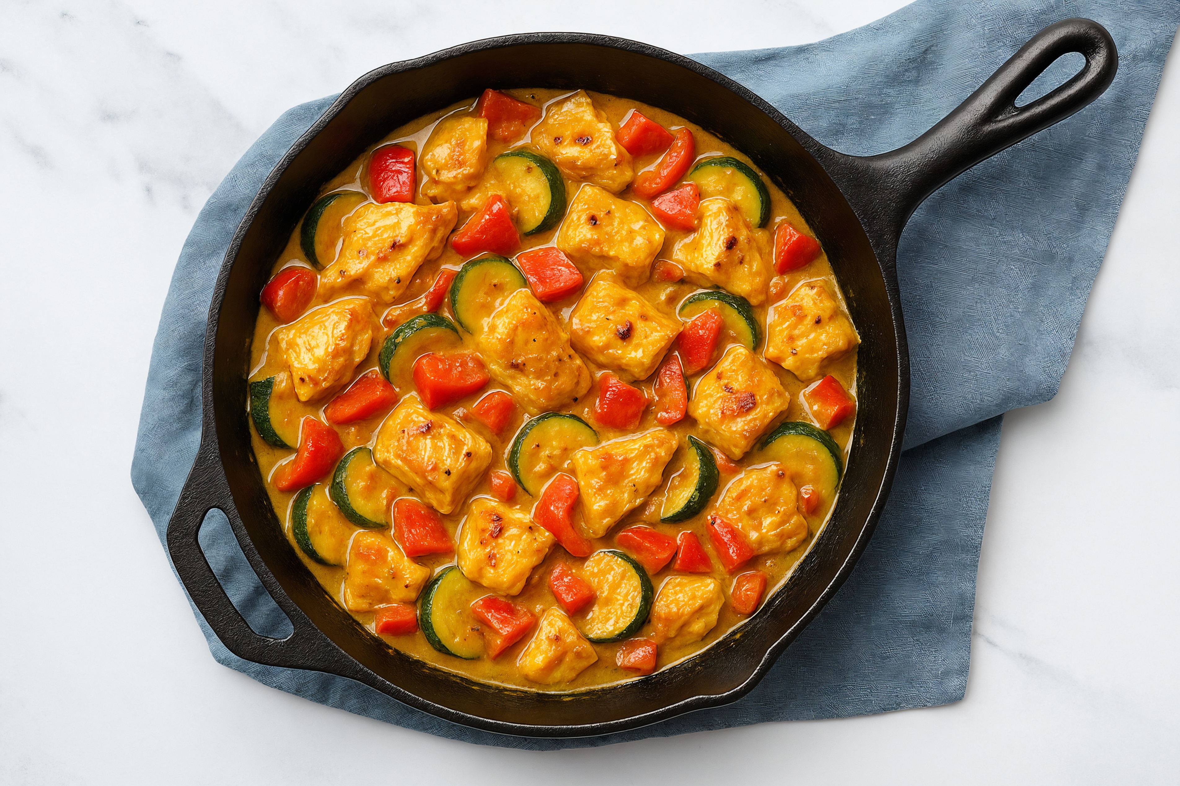 Halibut in Coconut Curry Sauce with Zucchini + Red Bell Organic Pepper