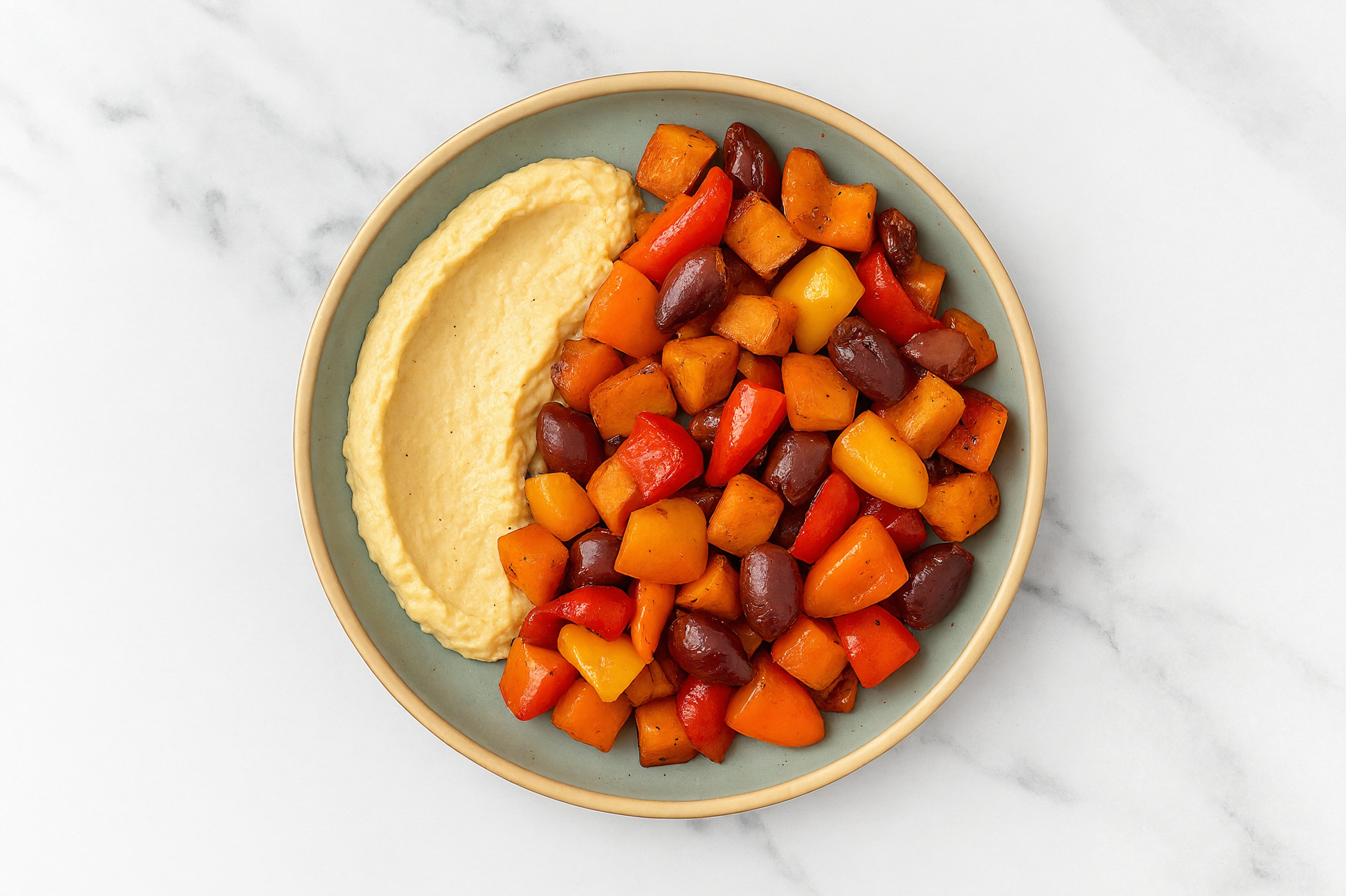 Olive Sweet Pepper Sweet Potato Bowl over Lemon Garlic Hummus