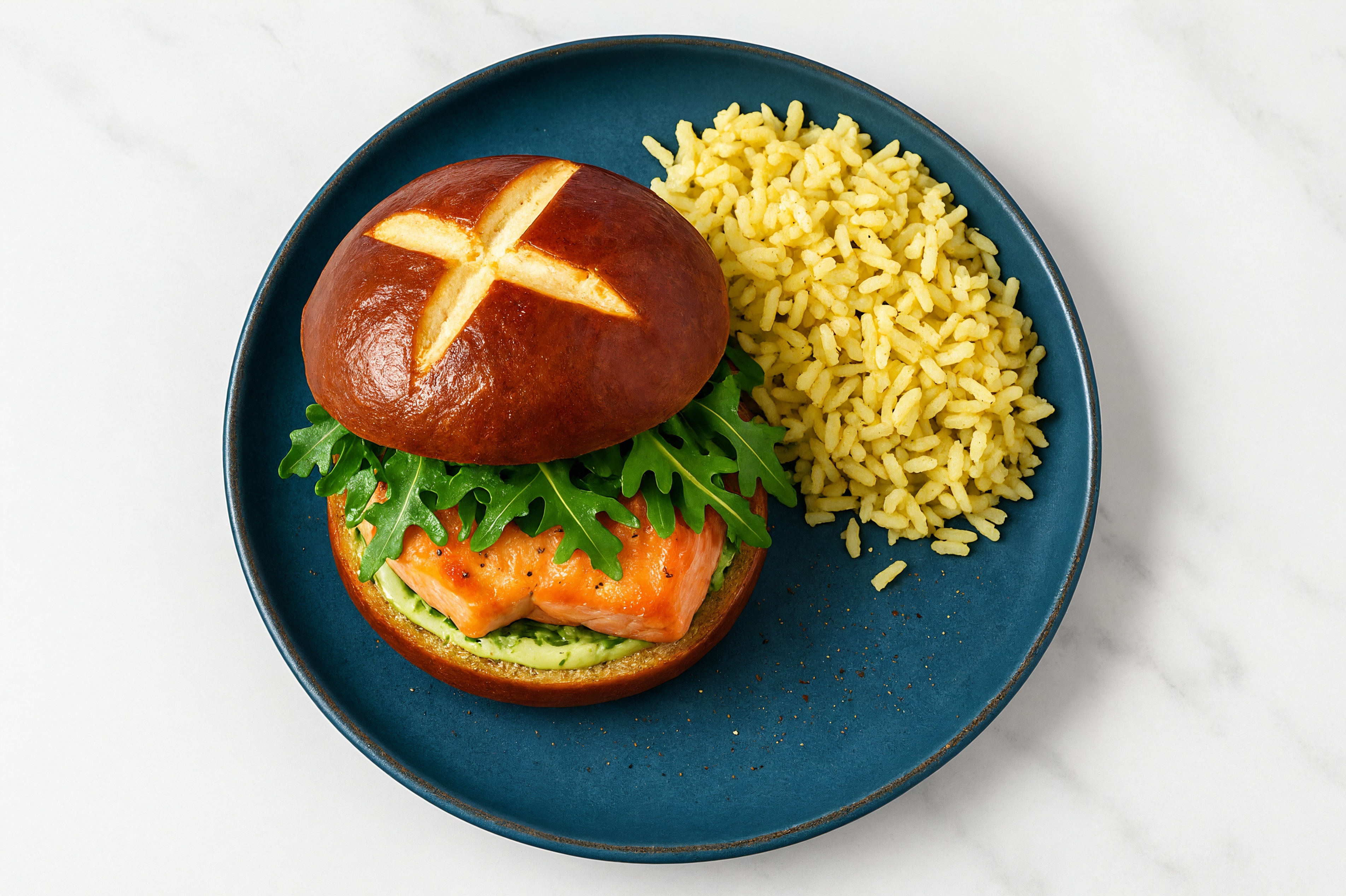 Jalapeño Salmon Sandwich on Pretzel Bun with Arugula + Jasmine Rice