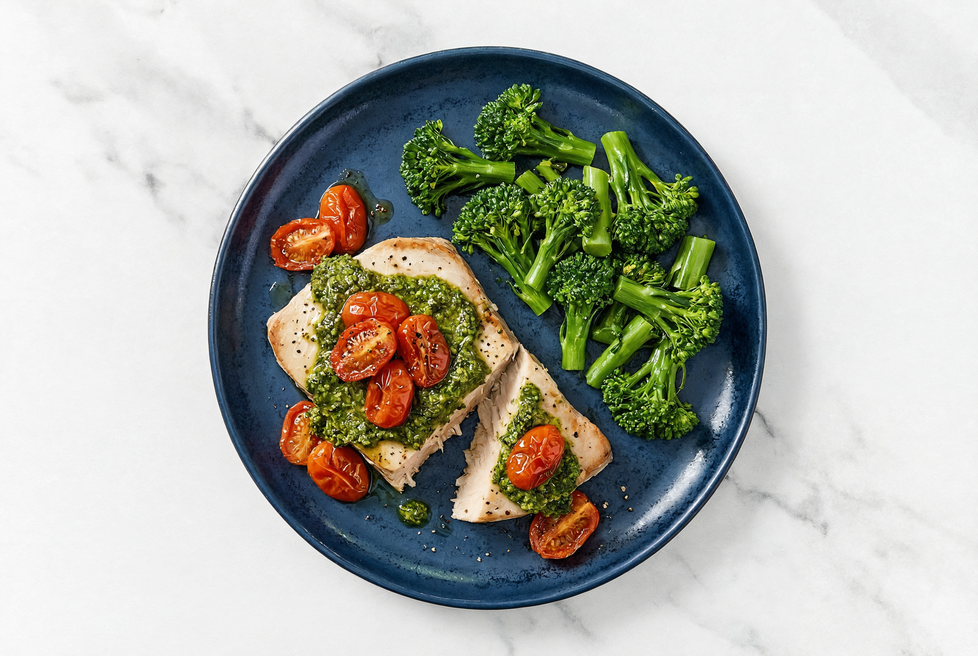 Oven Roasted Pesto Tuna + Juicy Tomatoes